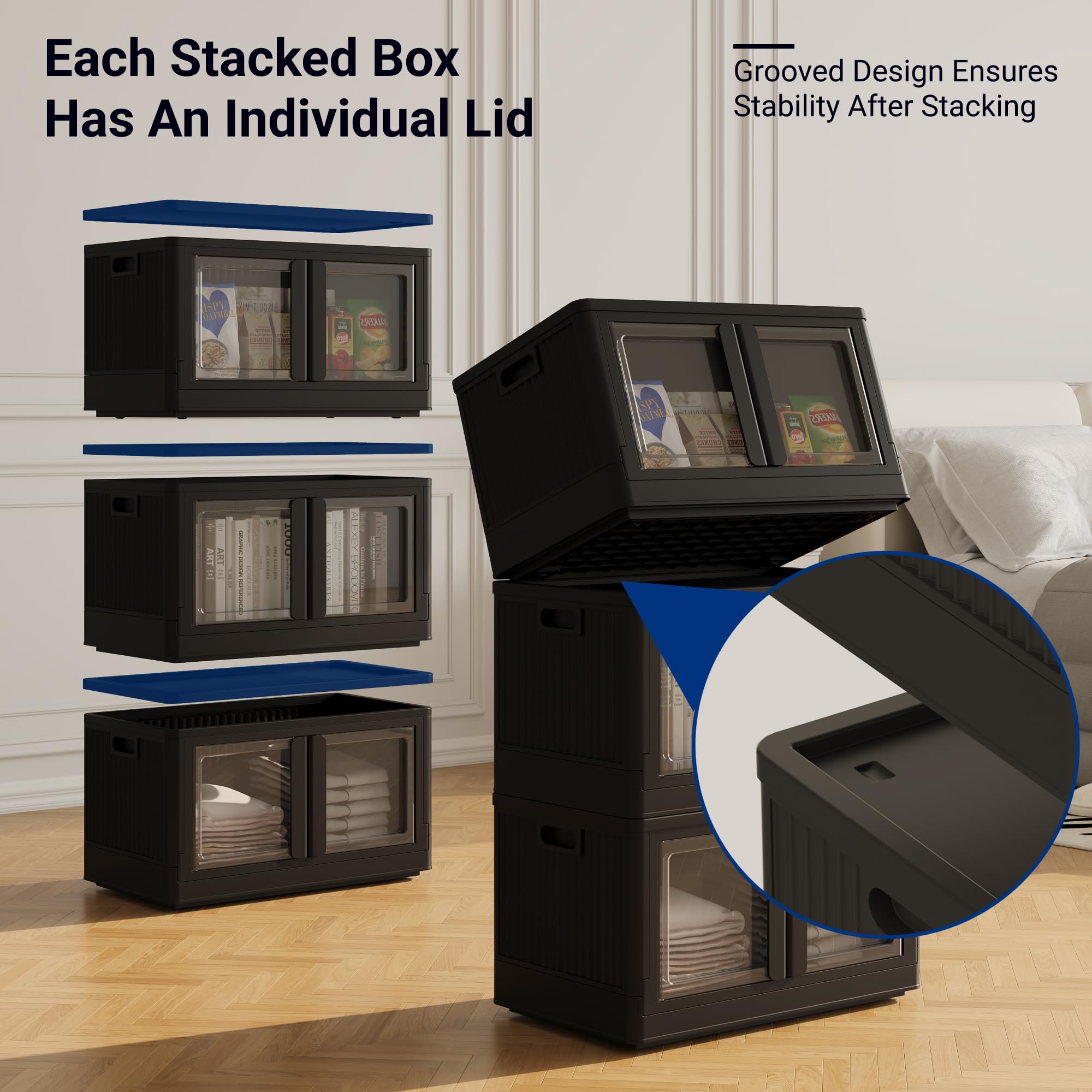 FLEXIMOUNTS 3-Pack Stackable Storage Bins with Lids - 228 QT Collapsible Plastic Storage Containers for Closet, Home & Office Organization - Black (25