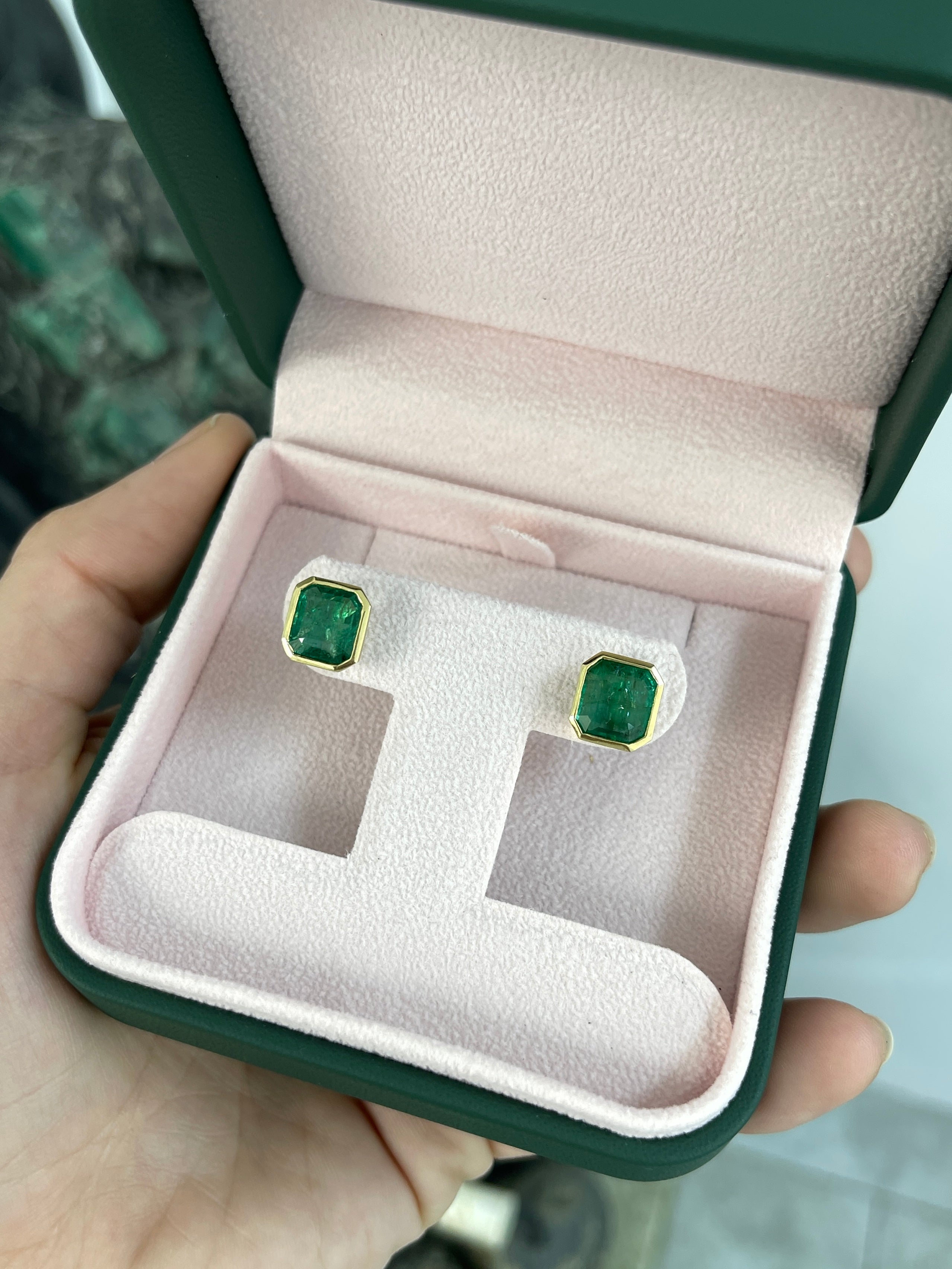 5.60tcw Classic Asscher Cut Emerald Bezel Stud Earrings in 18K Gold - Elegant Jewelry for Weddings, Parties & Special Occasions