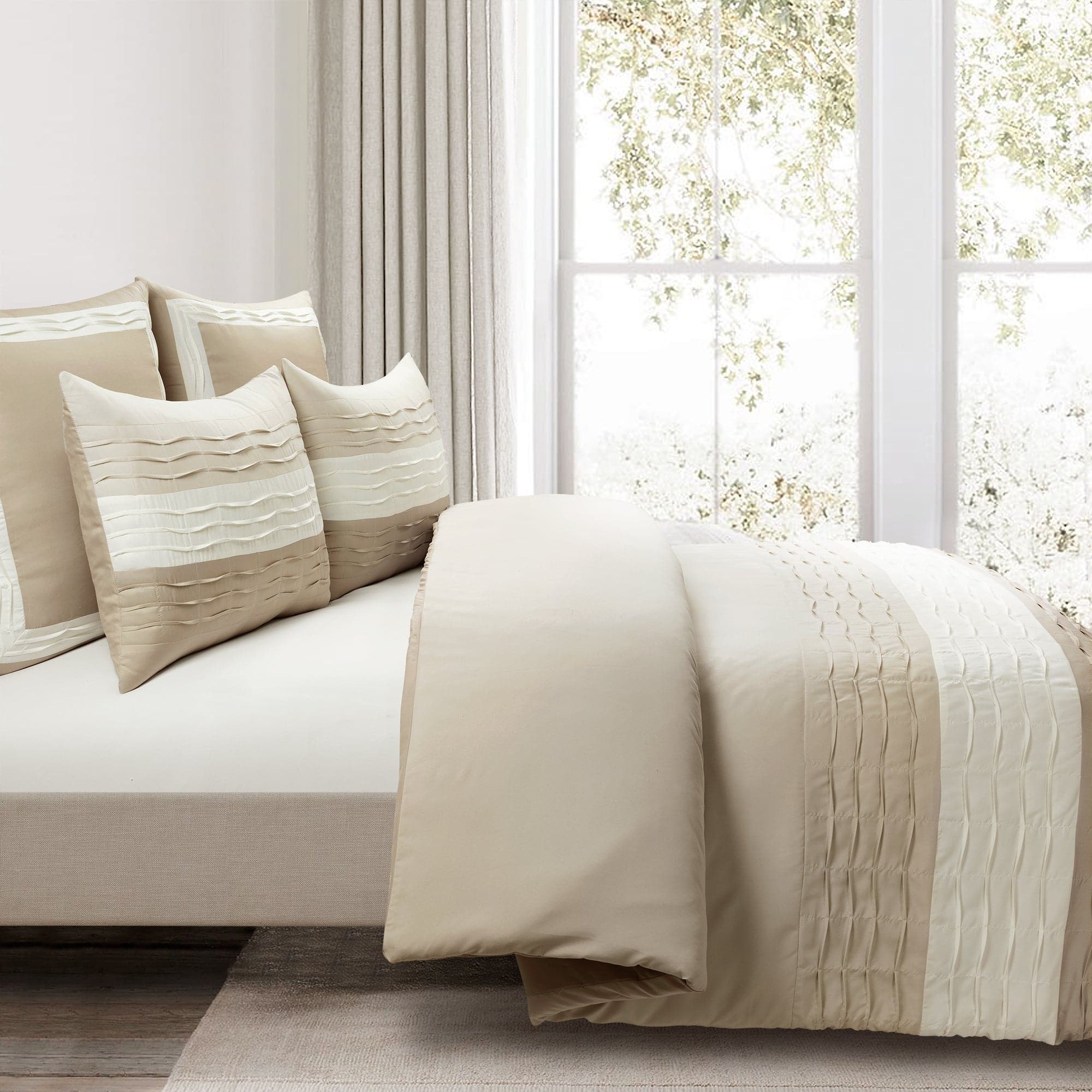 Mia Pleated Color Block Comforter Set - 5 Piece Bedding Set with Duvet Cover, Pillowcases & Shams | Soft Microfiber for All Seasons | Perfect for Master Bedroom, Guest Room & Dorm Decor
