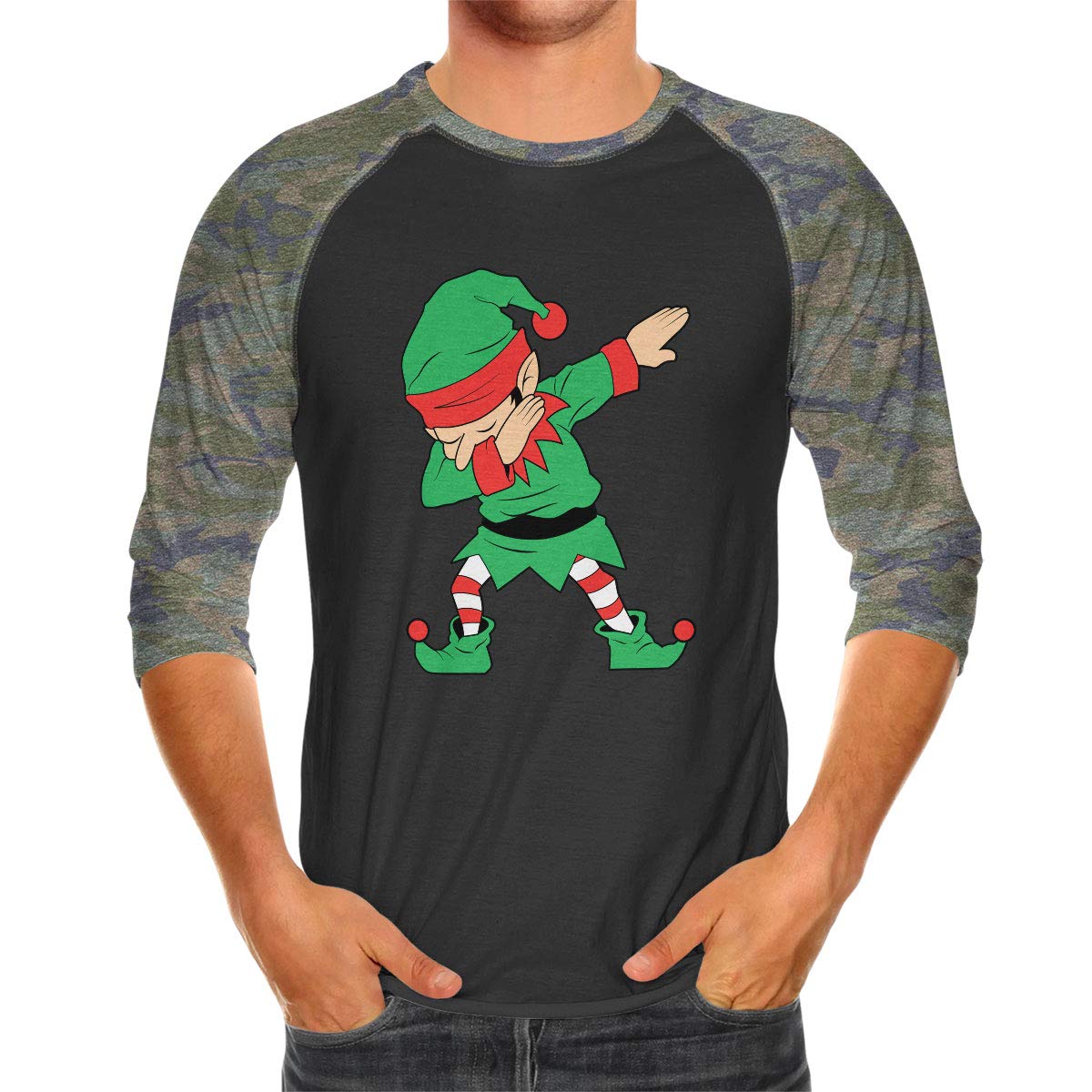 SpiritForged Apparel Dabbing Elf Unisex 3/4 Sleeve Raglan Tee - Trendy Graphic T-Shirt for Casual Wear, Cosplay & Fantasy Lovers