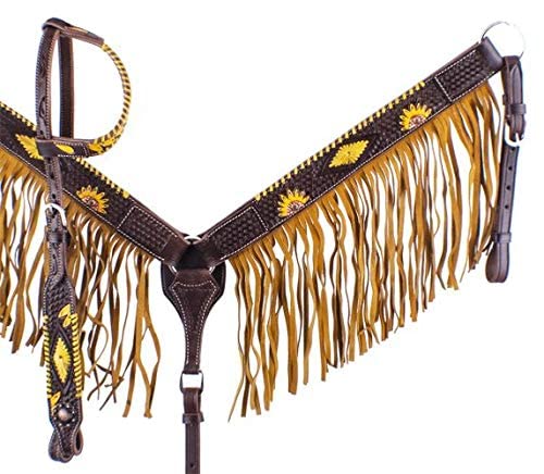 Showman Dark Leather Hand-Painted Sunflower Equestrian Headstall & Breast Collar Set with Fringe and Reins - Perfect for Western Riding, Horse Shows, and Rodeo Events