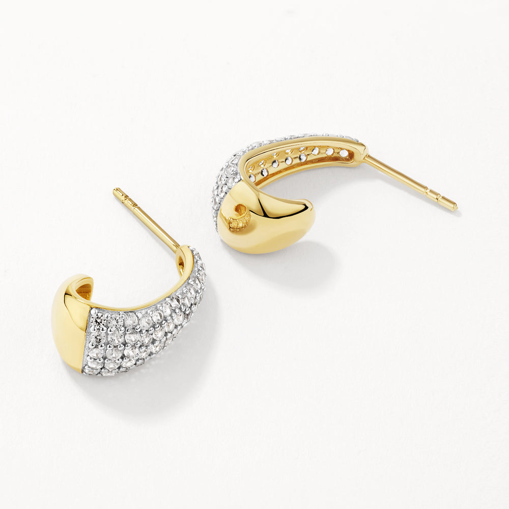 White Topaz Dome Hoop Stud Earrings in 14K Gold - Elegant Everyday Jewelry for Women, Perfect for Work, Date Night & Special Occasions
