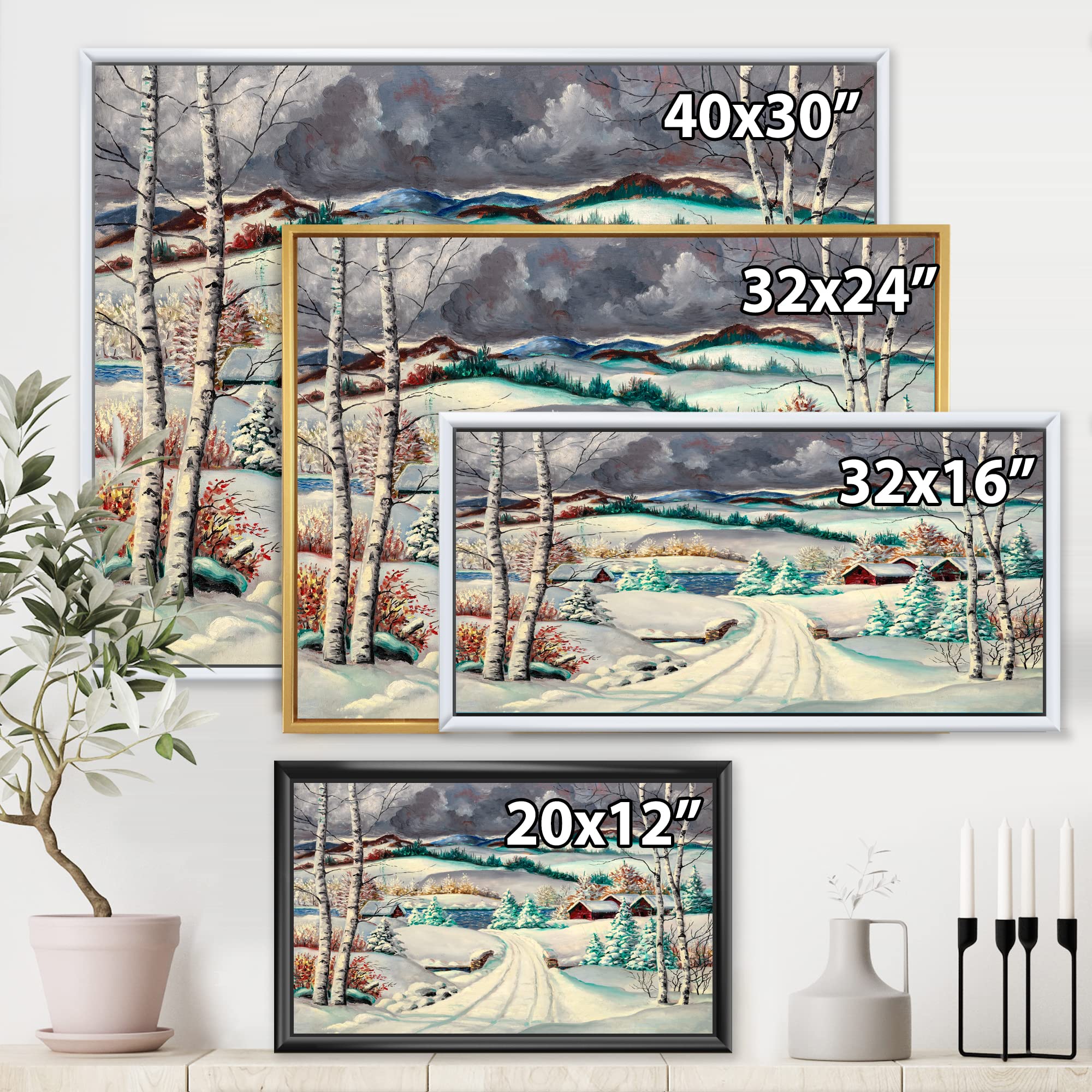 Traditional Framed Canvas Wall Art Print - Snowy Winter Country Road Landscape Painting for Living Room, Bedroom & Office Decor | DesignQ