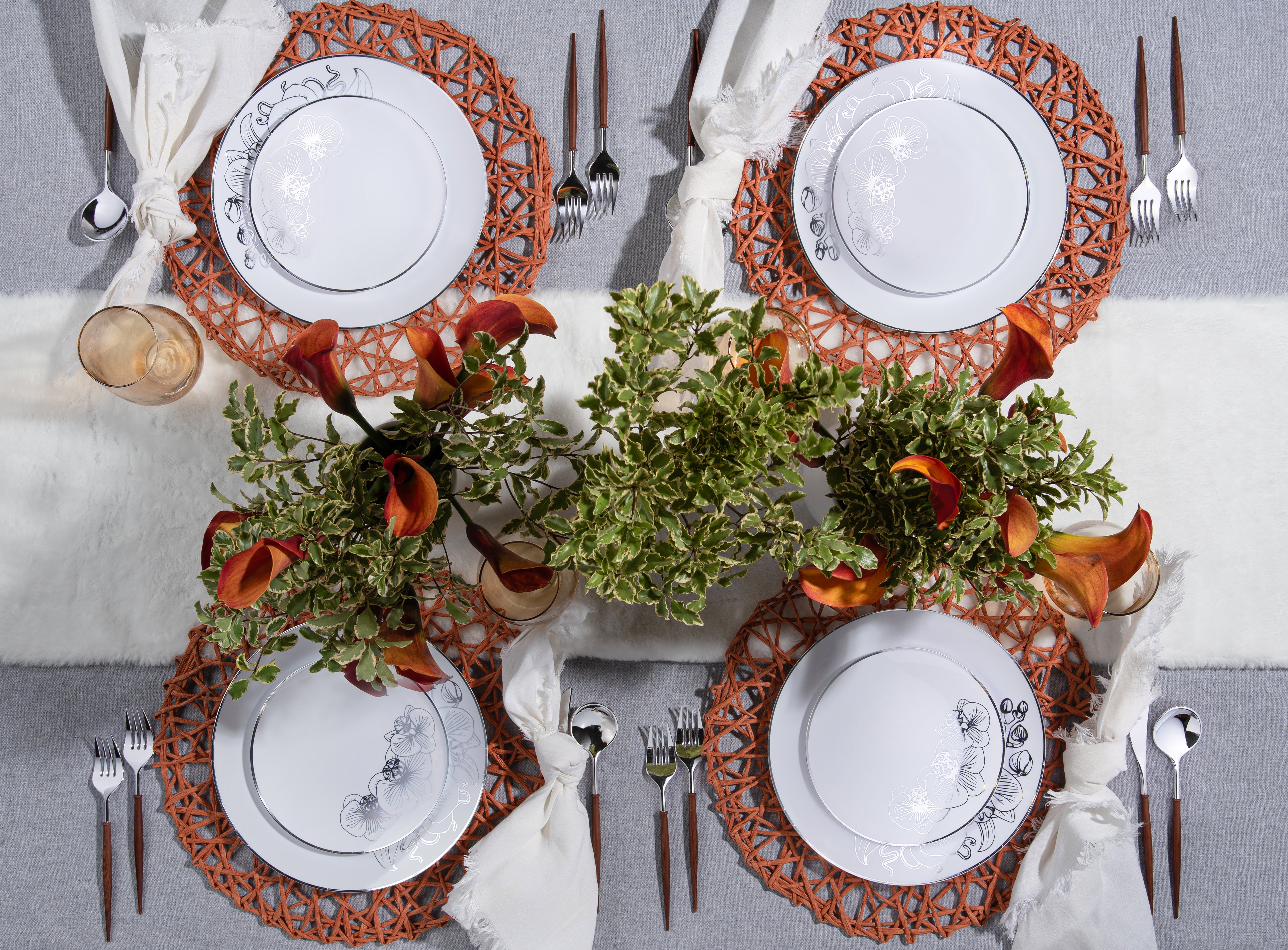White and Silver Plastic Party Bundle - Elegant Orchid Theme for Weddings, Birthdays & Special Events - Bulk Disposable Tableware Set