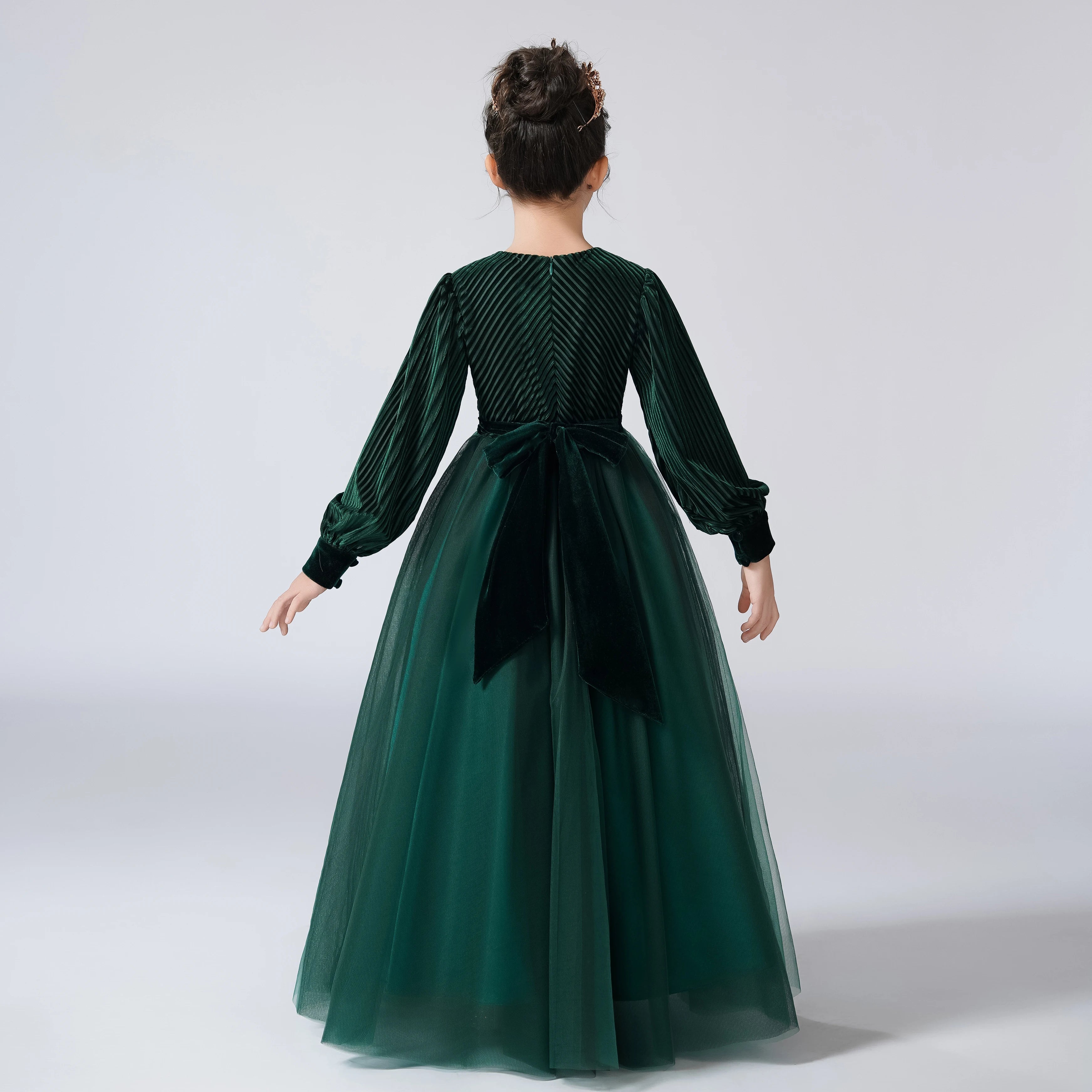 Velvet Full Sleeve Long Skirt Green Girls Formal Dress Pageant Gown for Special Occasions, Birthday Parties & Holiday Events