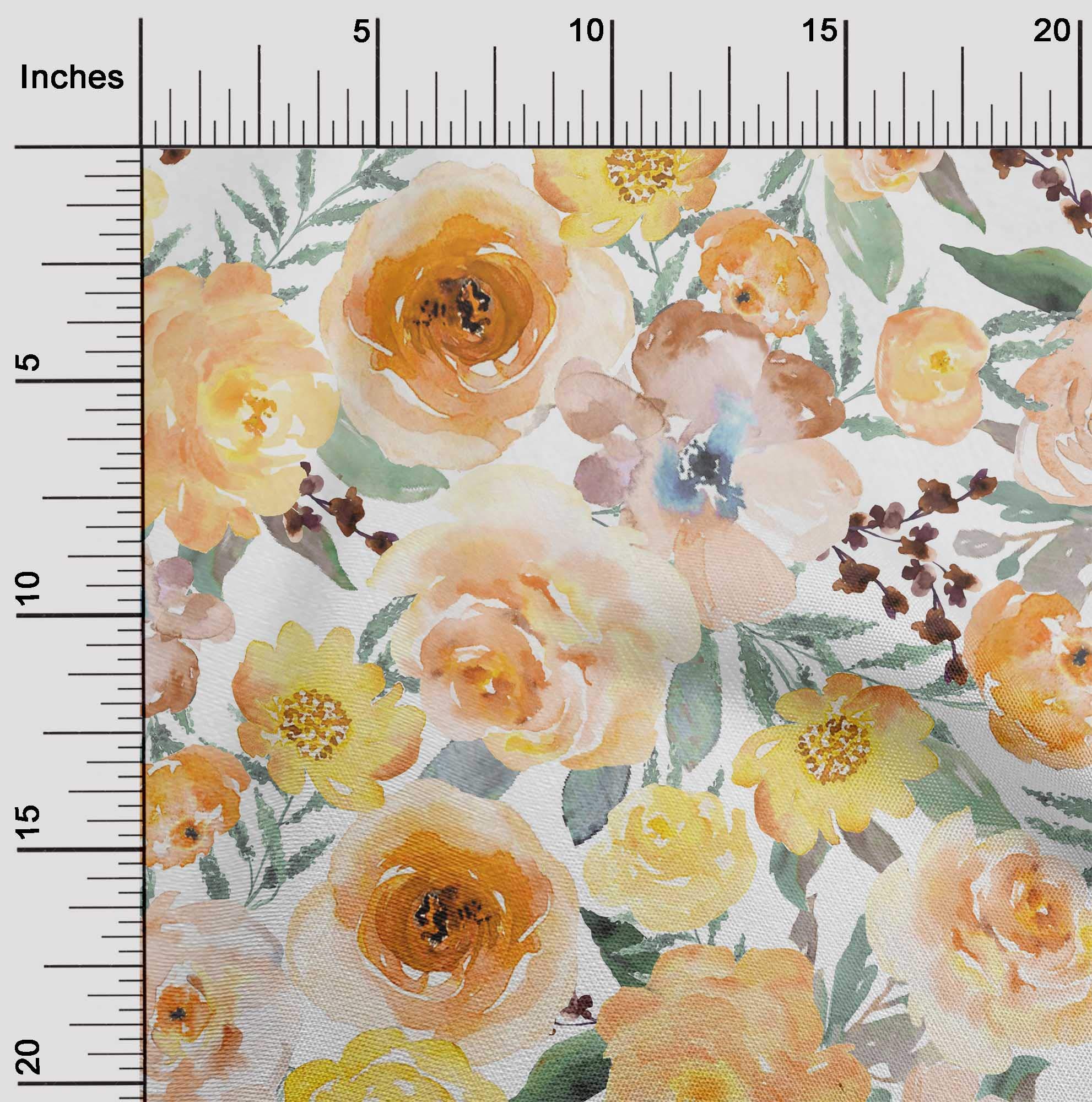 oneOone Cotton Poplin Fabric - Watercolor Leaves & Peony Floral Print - 42 Inch Wide Fabric by the Yard - Perfect for Dresses, Curtains & DIY Craft Projects