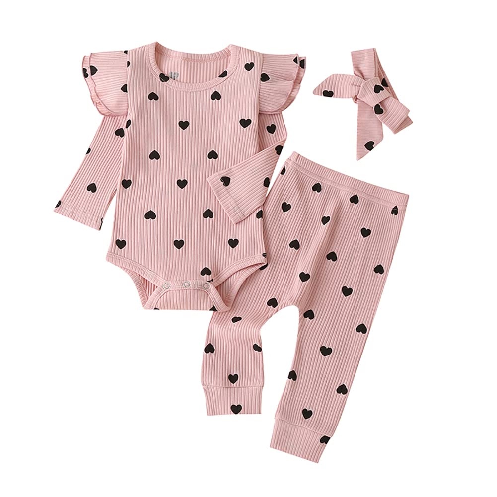 Newborn Baby Girl Outfits - Ribbed Ruffled Long Sleeve Romper Bodysuit with Pants & Headband Set | Soft Cotton Infant Clothes for 0-3 Months | Perfect for Photo Shoots, Parties & Daily Wear
