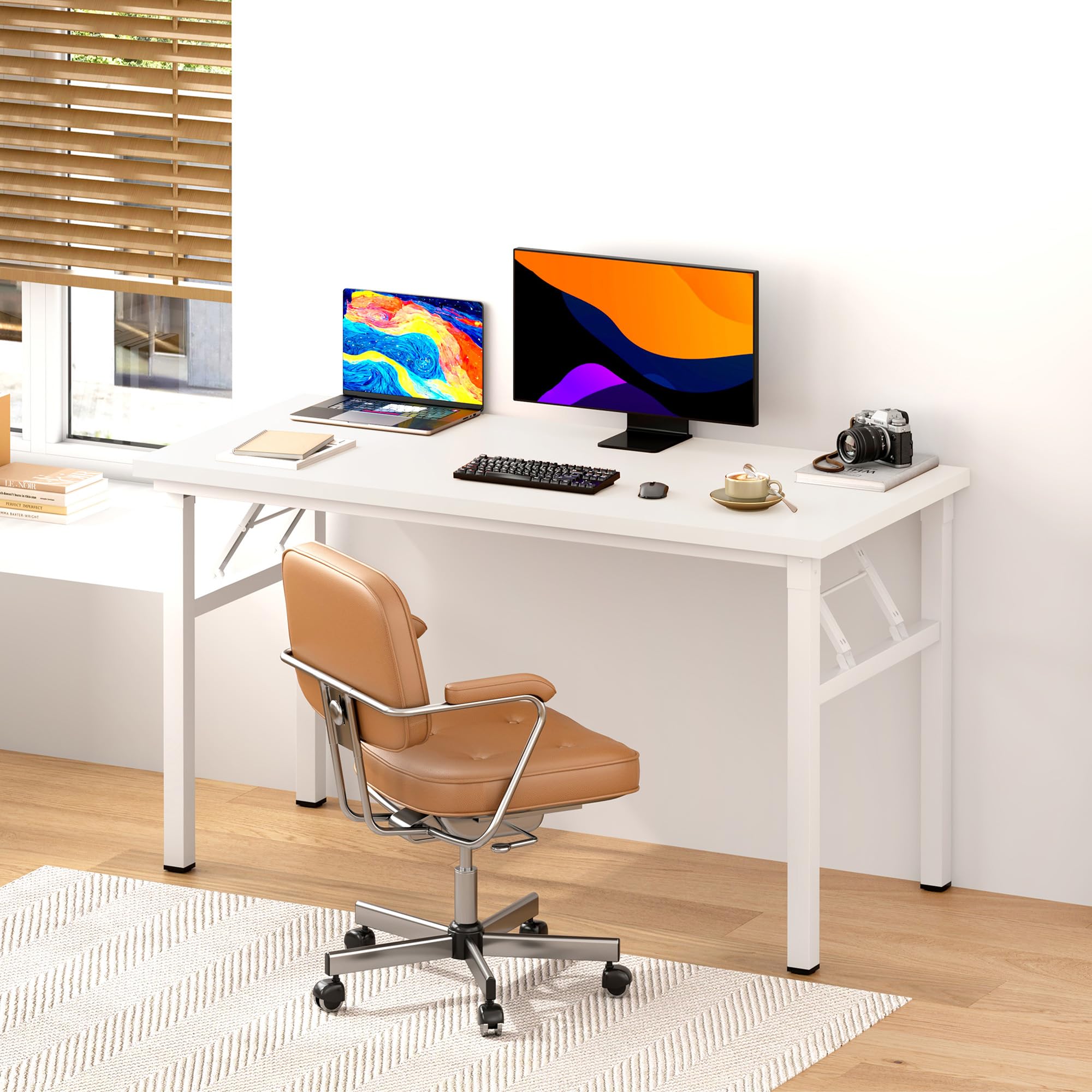 DlandHome 47-inch Folding Computer Desk - Portable Workstation for Home Office, Study, Conference & Activities - Sturdy White Fully Assembled Table (Model DND-ND5-120WW) | Perfect for Small Spaces, Dorm Rooms & Multi-Purpose Use