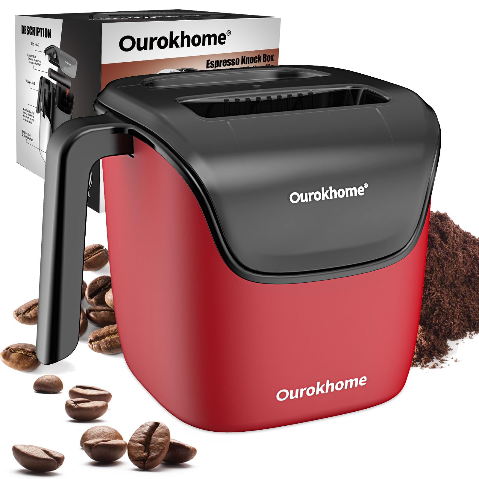Premium 304 Stainless Steel Espresso Knock Box with Removable Bar & Lid - Durable Coffee Grounds Bin for Baristas & Home Brewing - Dishwasher Safe (Red) - Perfect for Espresso Stations & Coffee Shops