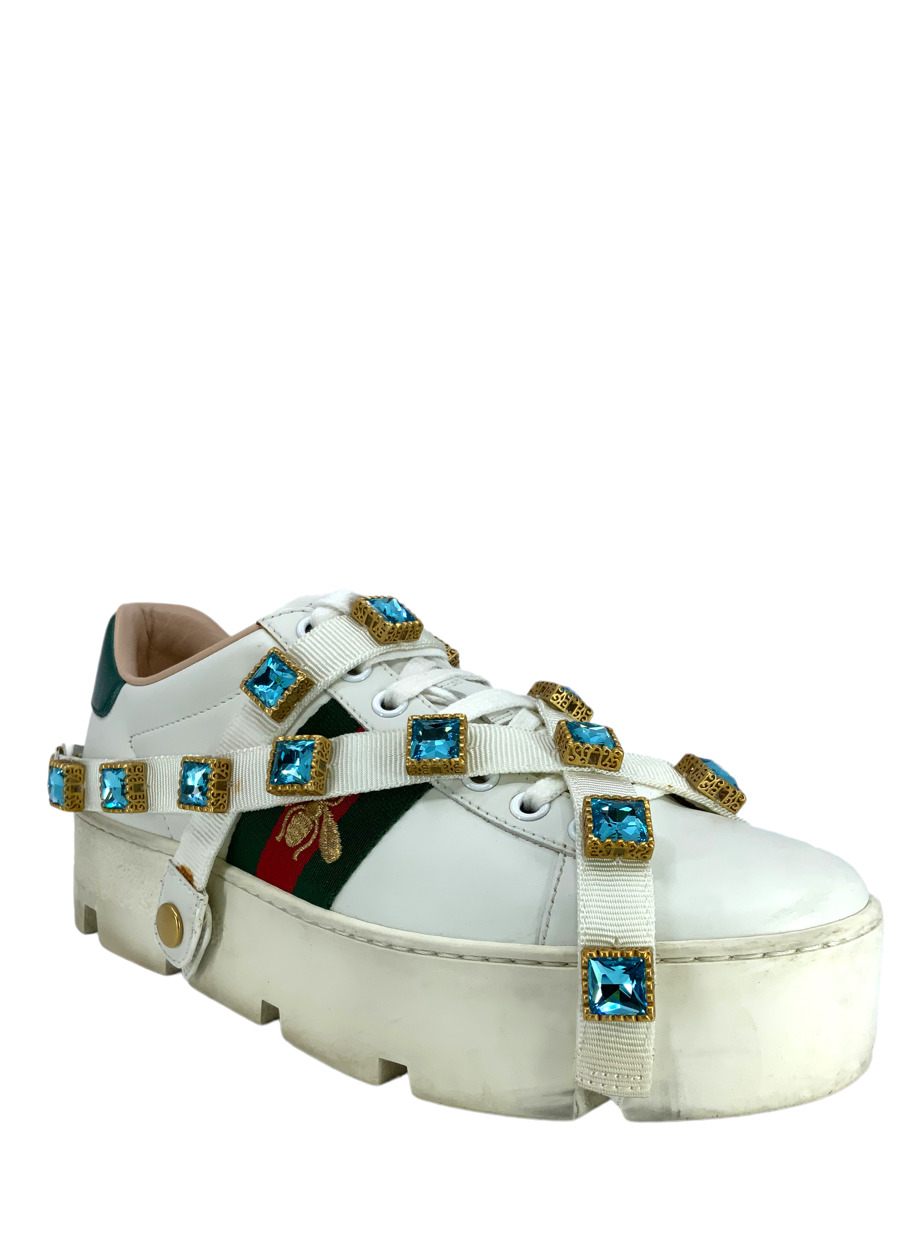 GUCCI Ace Embroidered Platform Sneakers for Women - Size 6.5 US | Fashion Luxury White Leather Shoes with Bee Embroidery | Perfect for Casual Wear, Street Style & Date Night Outfits