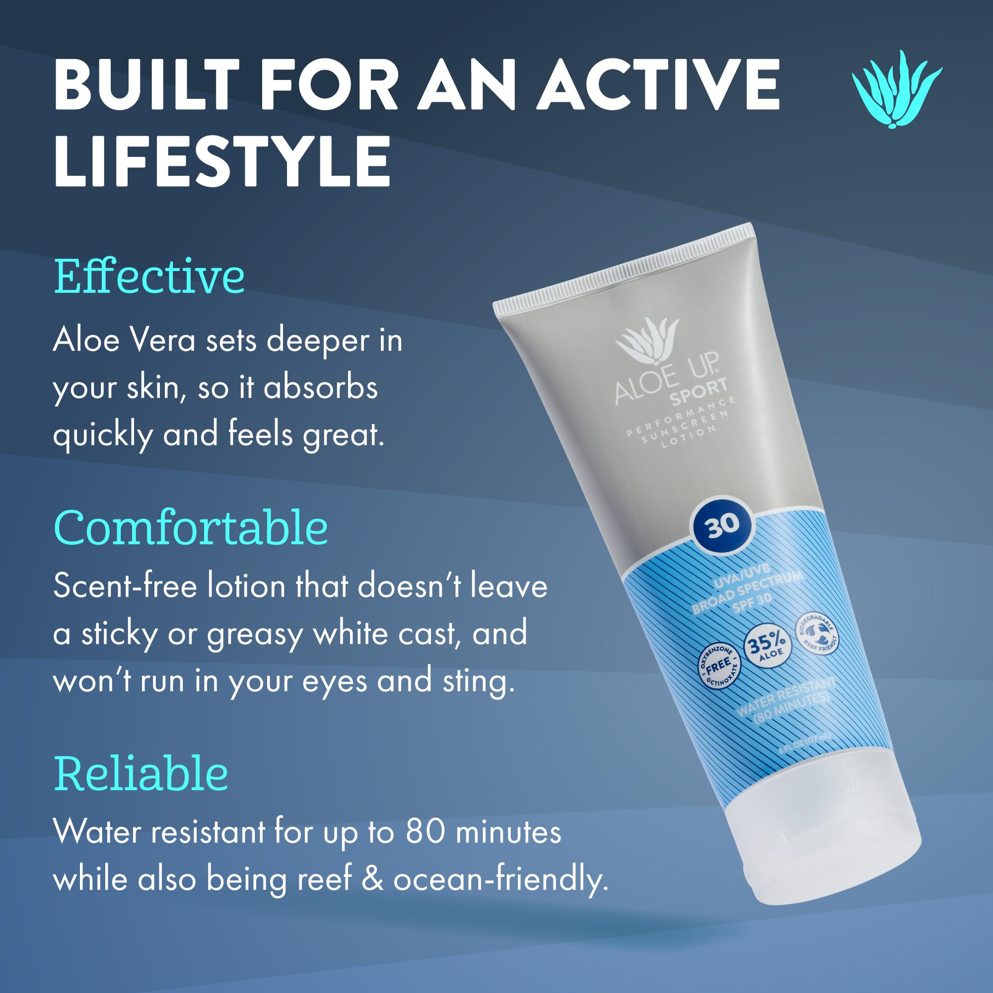 Aloe Up Sport Sunscreen Lotion SPF 30 - 6oz (177ml) - Water-Resistant Sun Protection for Active Outdoor Activities, Swimming, Hiking & Sports