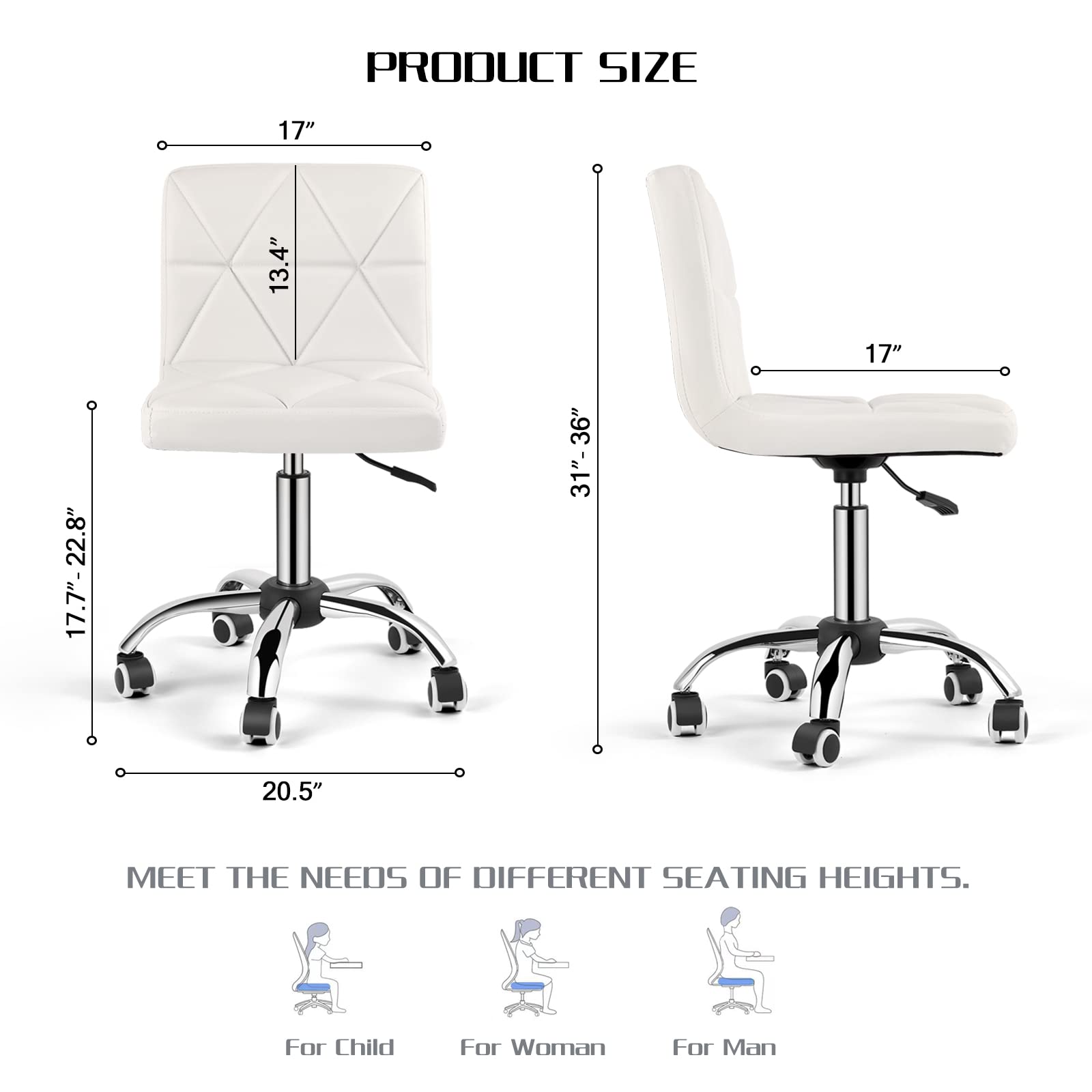 Adjustable Low Back Swivel Office Chair with Rolling Wheels - Armless Executive Desk Chair with Diamond Pattern for Home Office, Computer Work & Barber Shop - White Ergonomic Task Chair for Comfortable Working & Styling