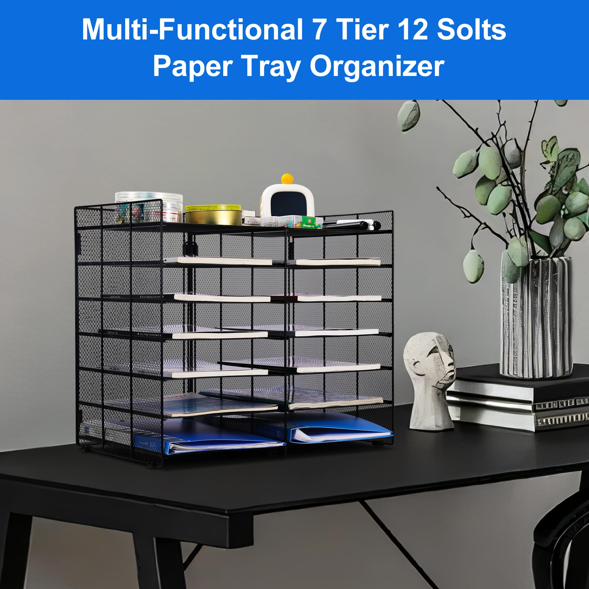 12-Slot Desk File Sorter & Mail Organizer - Adjustable Letter Tray for Office, Classroom or Home - Black Literature Holder for Documents, Letters and Office Supplies (Perfect for Workspace Organization & Paper Management)
