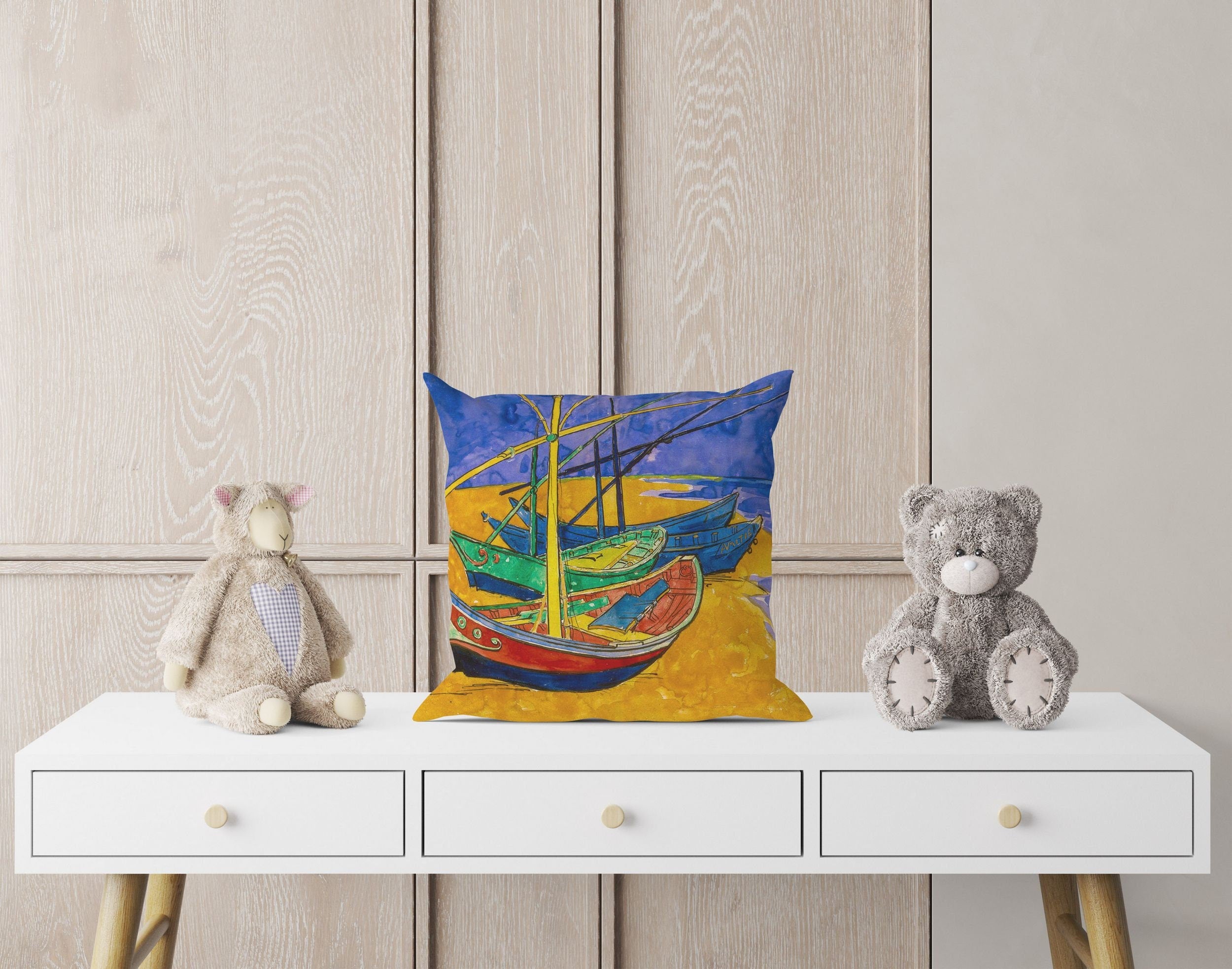 Vincent Van Gogh 'Fishing Boats on the Beach' Abstract Throw Pillow Cover - Soft Blue & Yellow Decorative Cushion Case for Living Room, Bedroom & Sofa