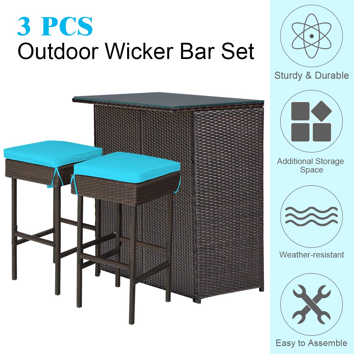 **Tangkula 3-Piece Outdoor Patio Bar Set - Rattan Wicker Bistro Set with 2 Cushioned Stools & Glass Top Table, Turquoise - Perfect for Backyards, Gardens, Poolside & Outdoor Entertaining**