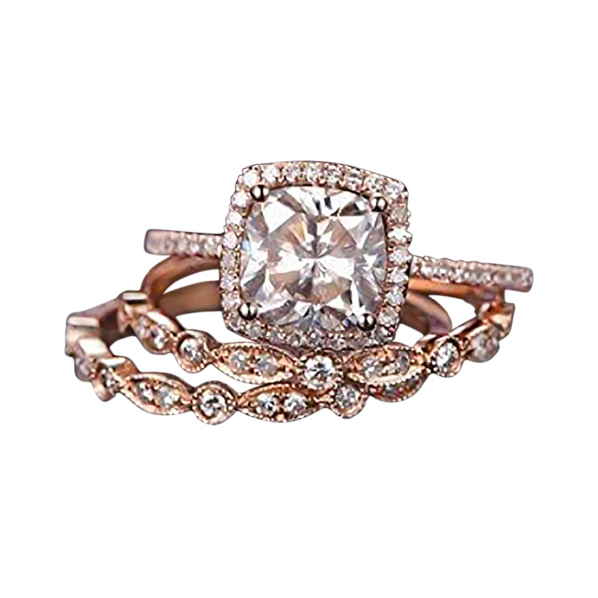 2 Carat Cushion Cut Moissanite & Diamond Engagement Ring Set in 14K Rose Gold - Wedding, Anniversary, Proposal Jewelry Gift for Her