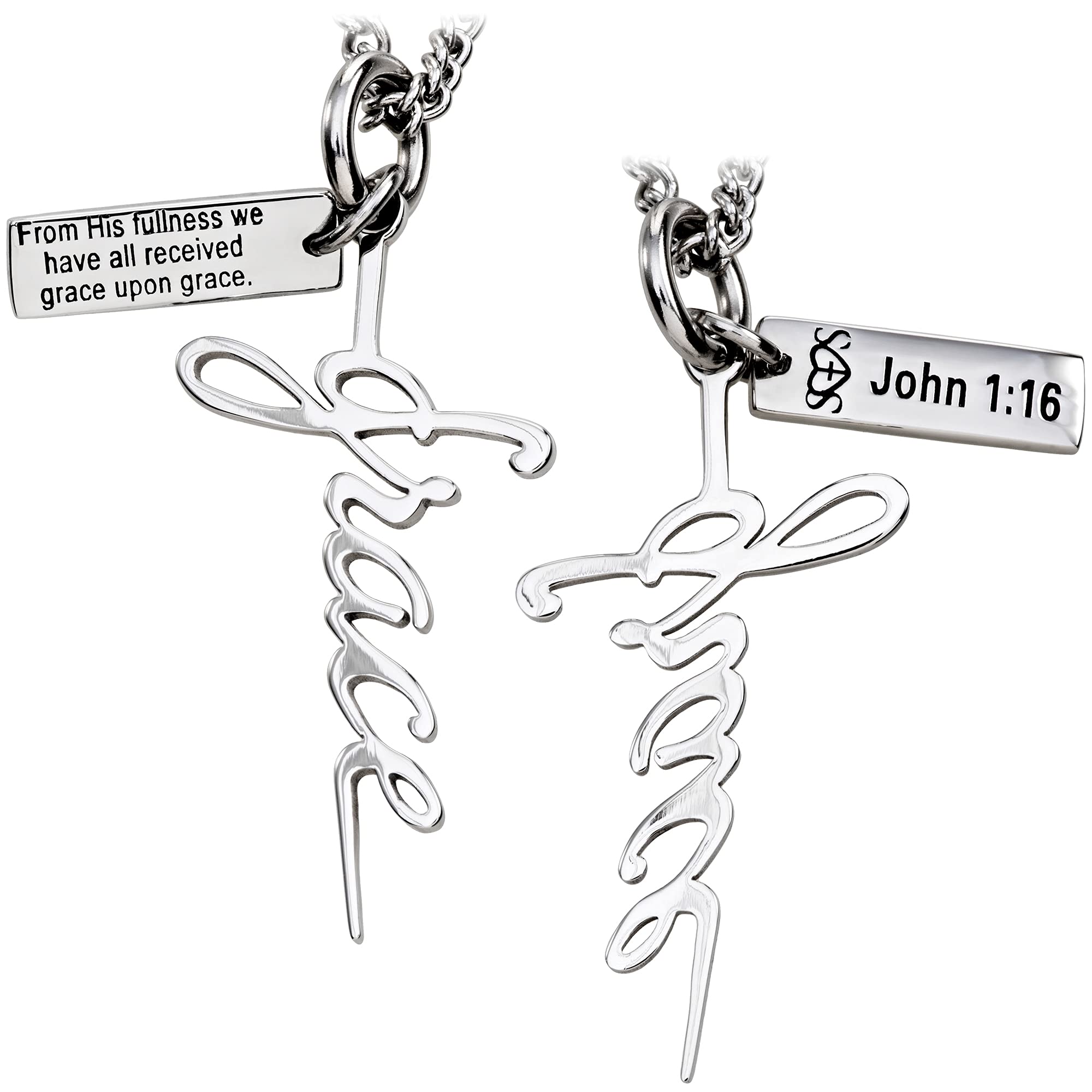Women's Grace Cross Pendant Necklace - Stainless Steel Christian Jewelry with John 1:16 Verse for Daily Wear