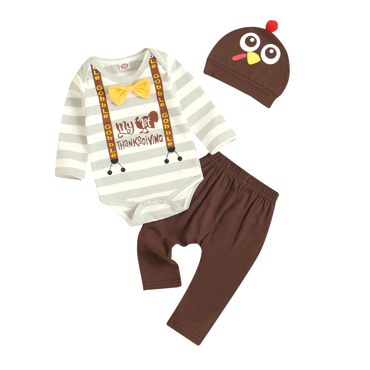 Adorable Thanksgiving Baby Boy Outfit - Turkey Romper, Pants & Hat Set | Funny Infant Costume for Holiday Photos | Perfect First Thanksgiving Gift for Baby Boys