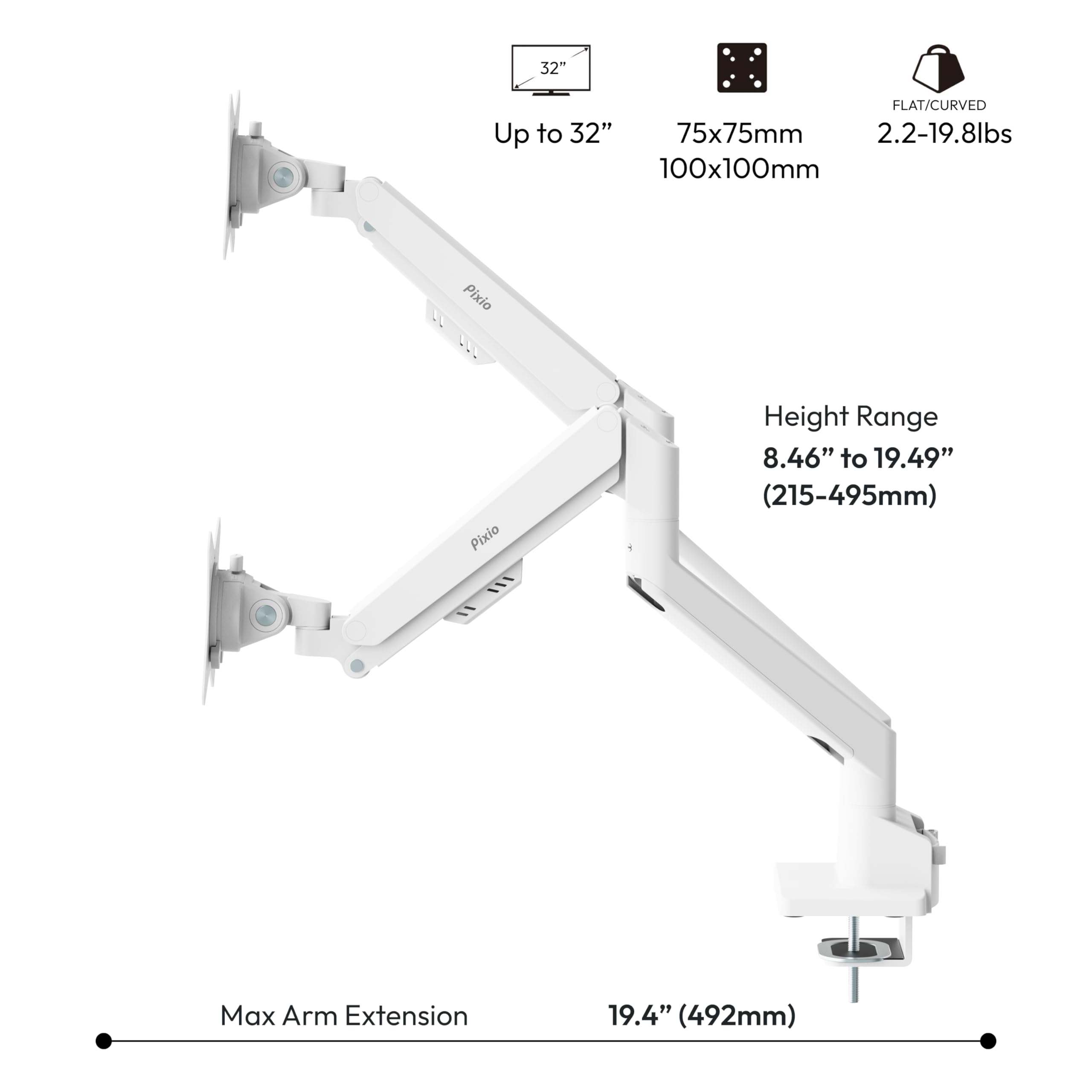 Pixio PS1D Wave White Dual Monitor Arm Stand - Adjustable Desk Mount for 13-32 inch Screens (19.8lbs Capacity), VESA 75x75/100x100 Compatible with Cable Management - Perfect for Home Office, Gaming & Workspace Setup