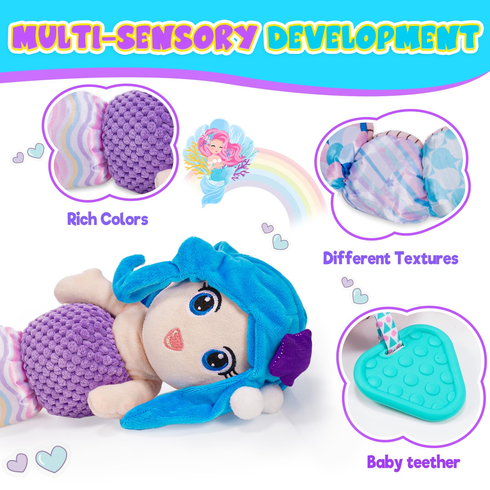 Mermaid Baby Stuffed Toy with Teether & Rattles - Soft Sensory Gift for 0-12 Months Girls | Perfect for Tummy Time & Easter Gifts