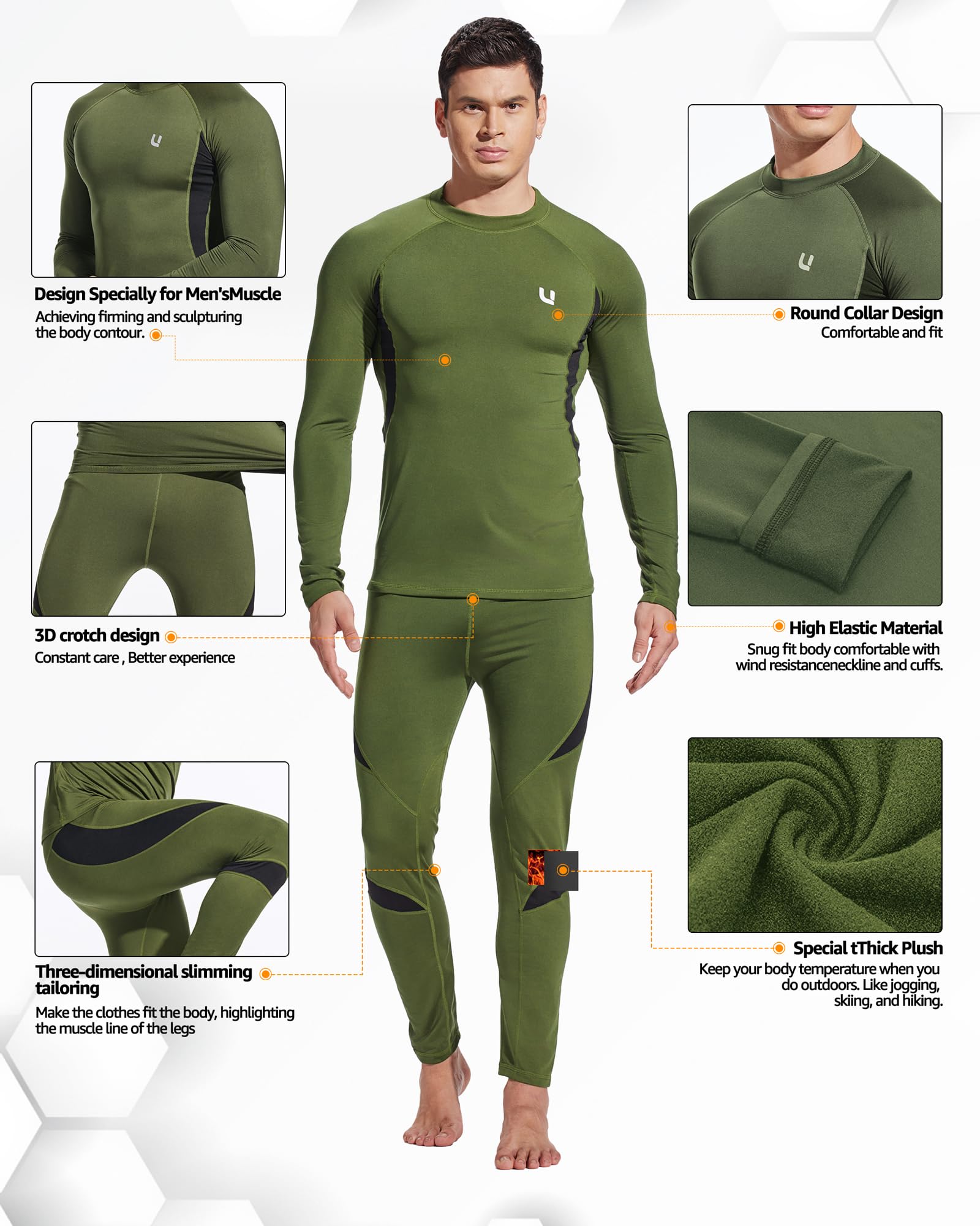 UNIQUEBELLA Men's Thermal Underwear Set - Fleece Lined Top & Bottom Base Layer for Cold Weather, Quick Dry Moisture Wicking Winter Underwear for Outdoor Activities, Skiing & Snowboarding