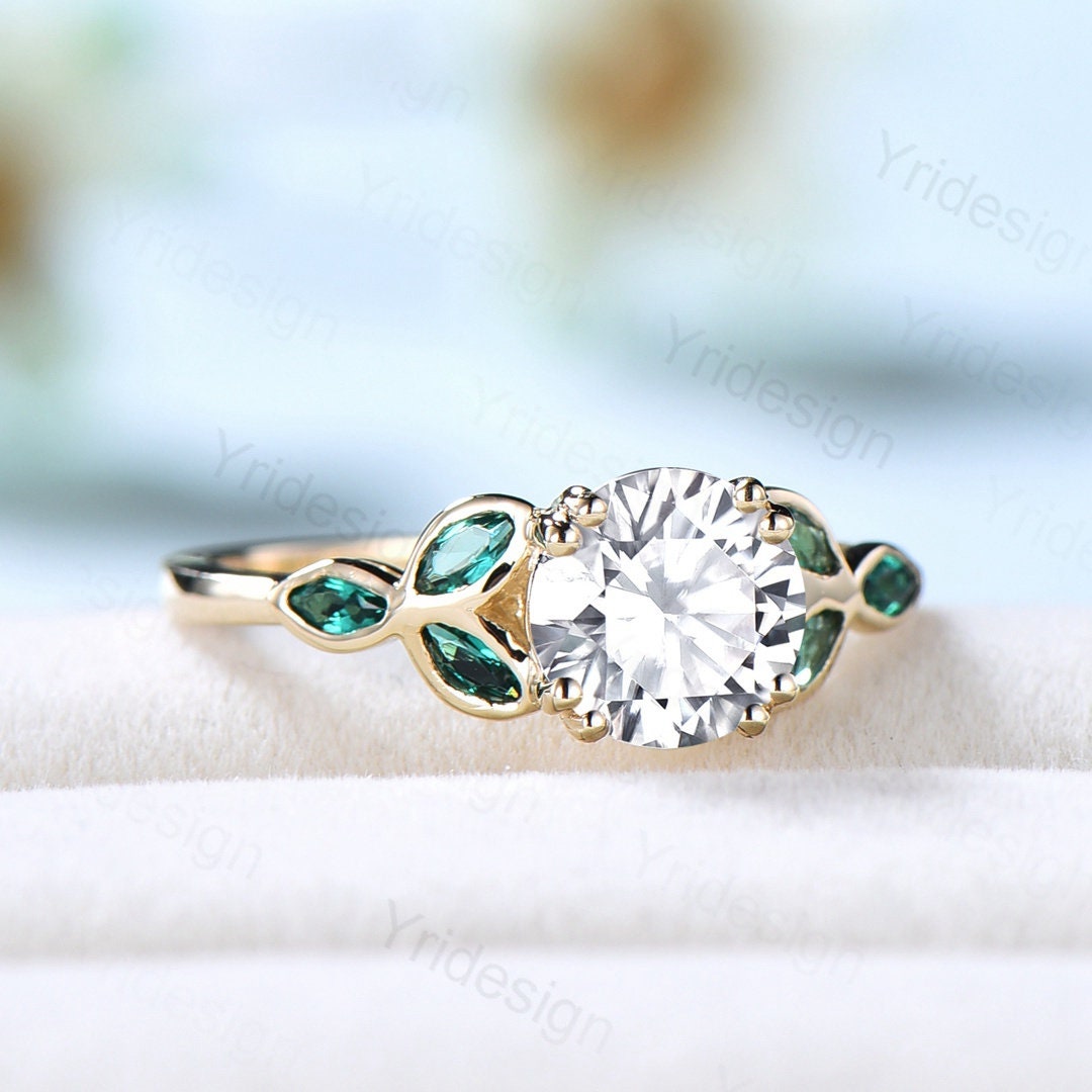 1CT Moissanite Engagement Ring with Lab Emerald Accents - Solid Gold Wedding Band, Art Deco Promise Ring for Women - Anniversary & Bridal Gift - Perfect for Proposals, Weddings, and Special Occasions