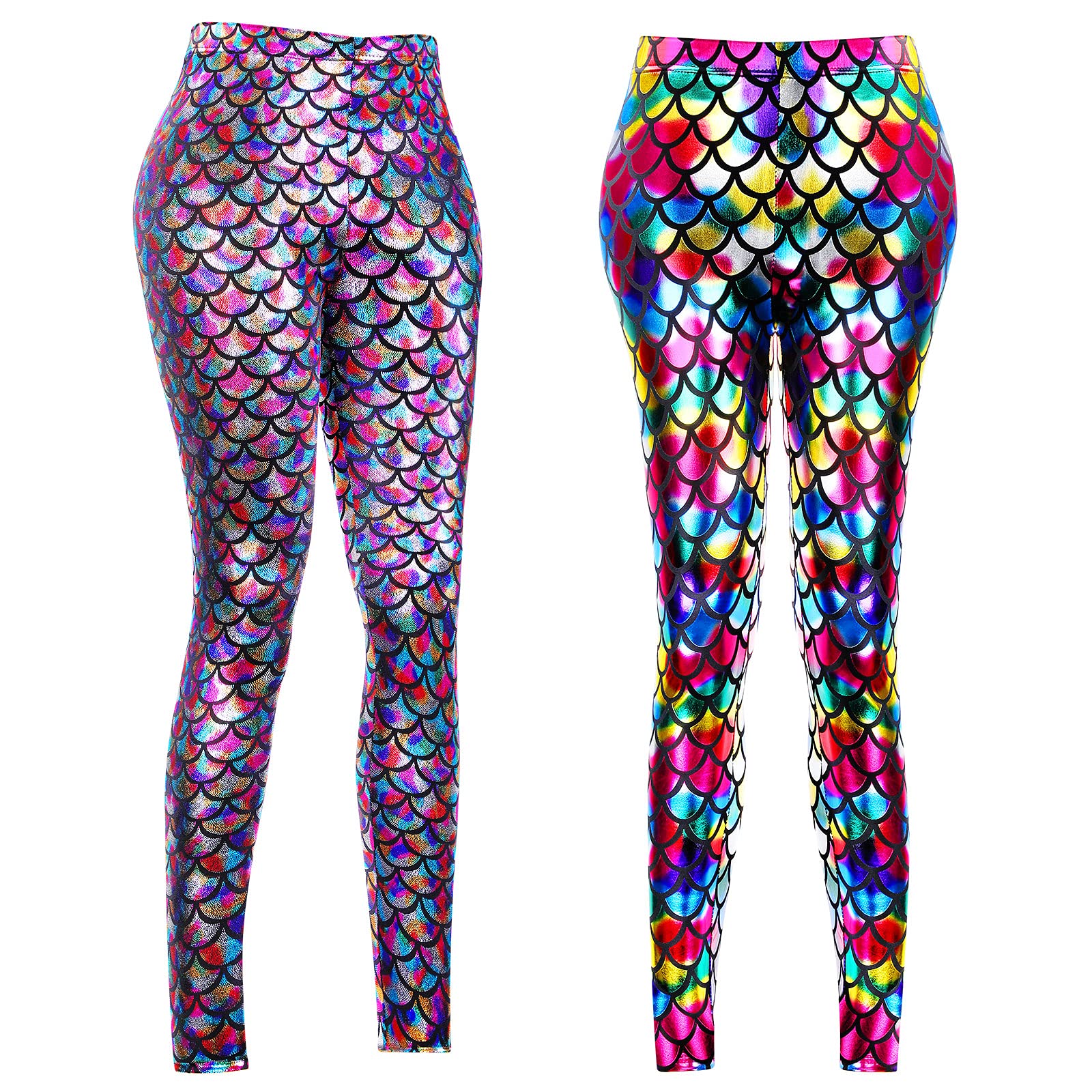Suhine 2-Pack Halloween Shiny Fish Scale Mermaid Leggings for Girls - Kids Costume Pants for Dress-Up, Cosplay & Party Outfits