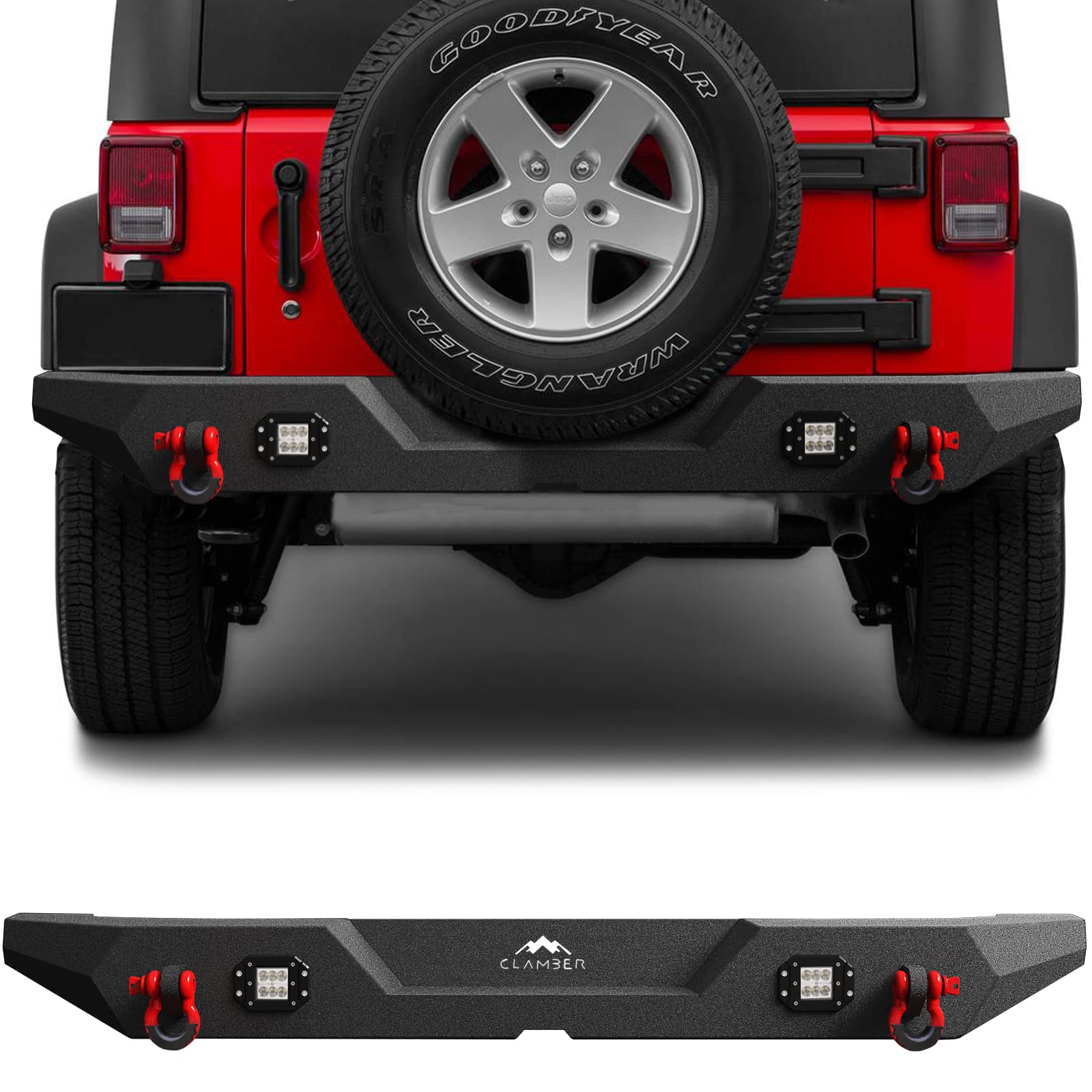 CLAMBER Full-Width Heavy Duty Rear Bumper for 2007-2018 Jeep Wrangler JK & Unlimited JKU 2/4 Doors (Not for JL) - Off-Road Bumper Guard with 2PCS 18W LED Flood Lights | Perfect for Rock Crawling, Overlanding & Trail Adventures