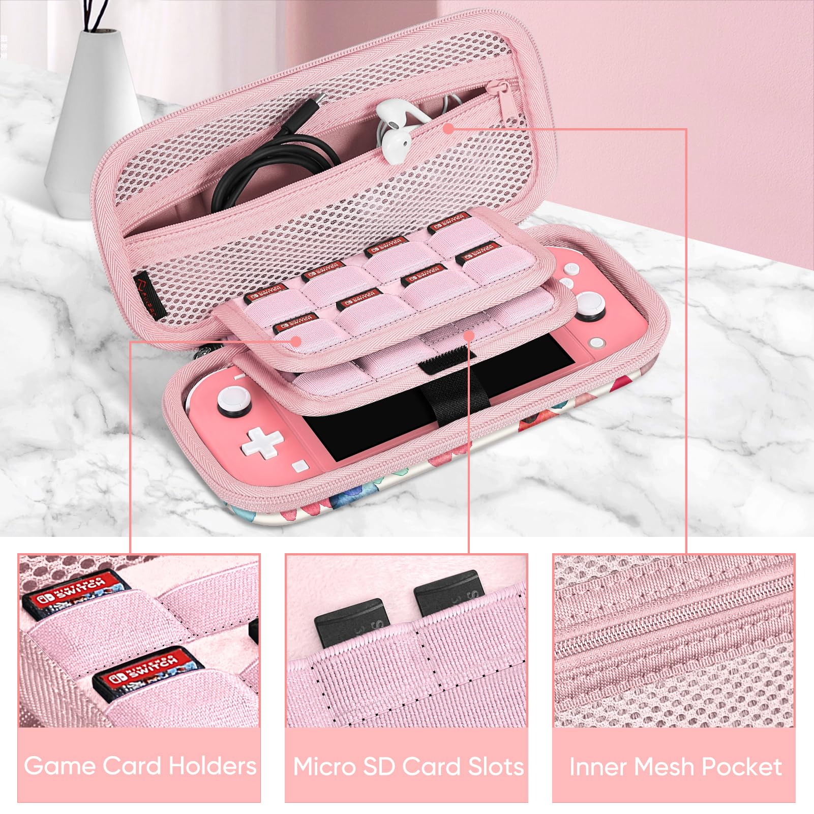 Fintie Shockproof Hard Shell Carrying Case for Nintendo Switch Lite 2019 - Protective Travel Bag with 15 Game Card & 2 Micro SD Card Slots - Compatible with Switch Lite Console & Accessories (Raining Hearts Design) - Perfect for Travel, Gaming On-The-Go & Console Protection
