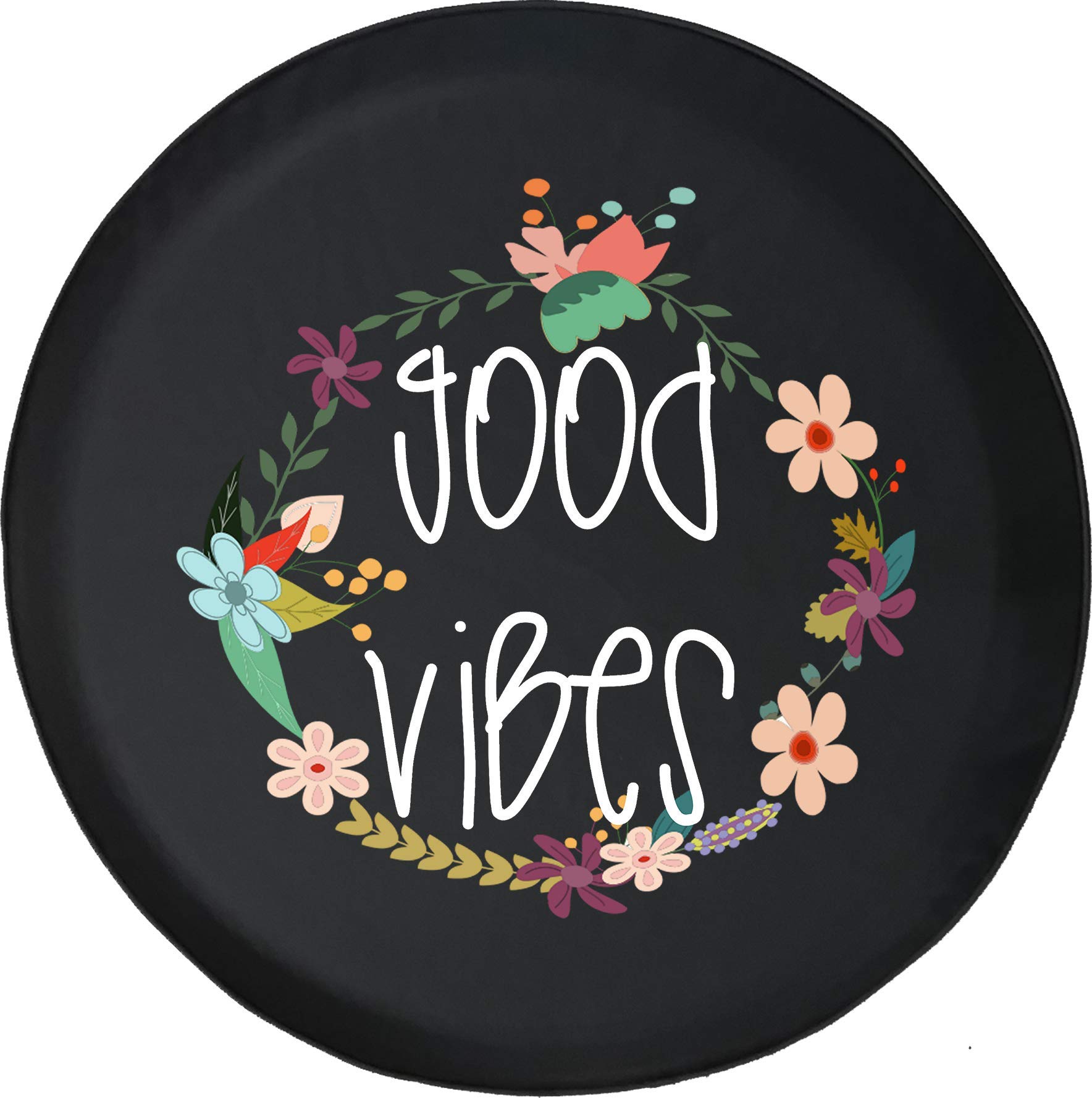 Pike Outdoors Universal 33 Inch Spare Tire Cover - Black Floral Design with 'Good Vibes' Motif | Durable & Weatherproof for SUVs, Jeeps, Trucks & RVs | Perfect for Road Trips & Outdoor Adventures