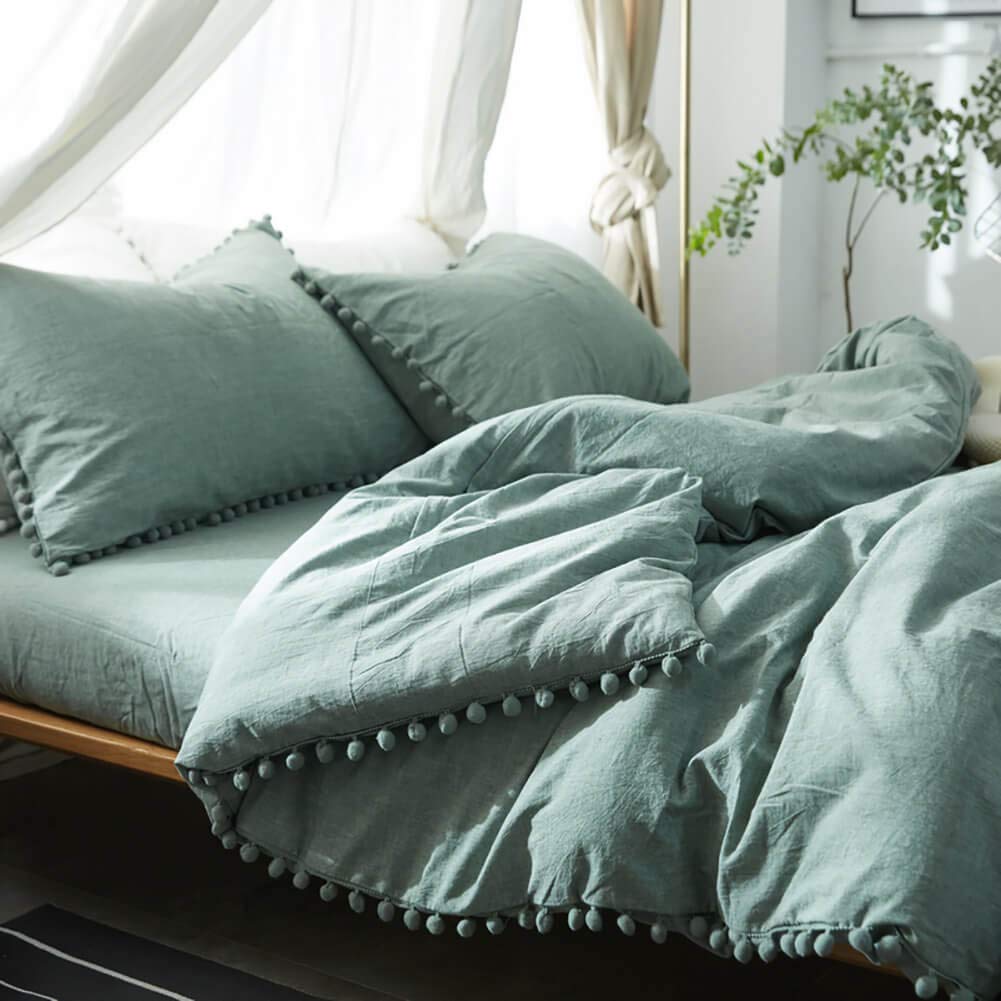 TanNicoor 3-Piece Pom Fringe Duvet Cover Set - Ultra Soft Color-Washed Cotton Bedding, Modern Zipper Closure Comforter Cover (King Size, Green) for Cozy Bedroom Decor & Guest Room Styling