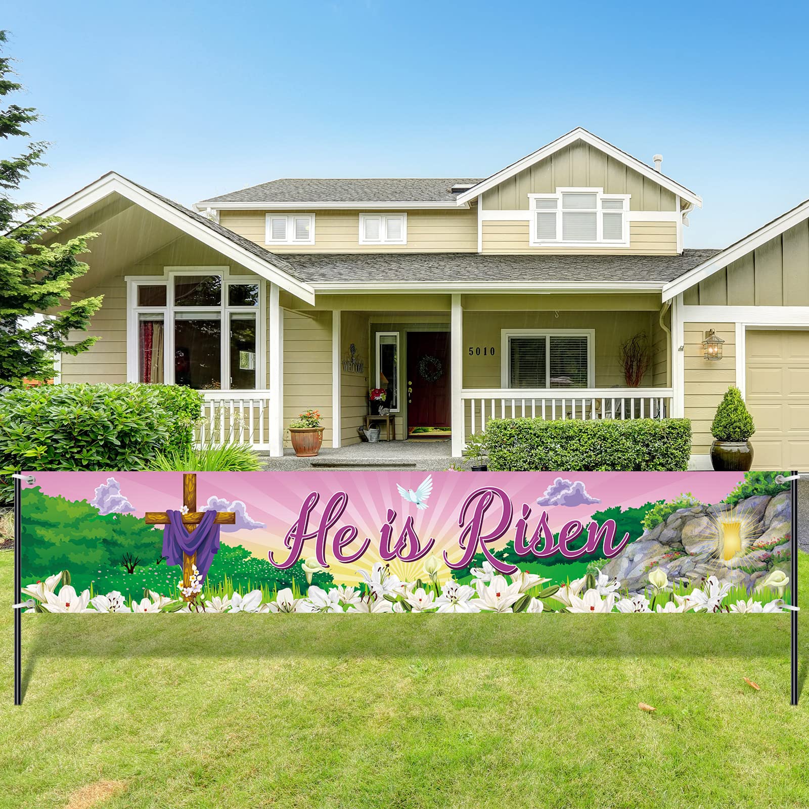 Tatuo He Is Risen Easter Banner - Large 98x18 Inch Religious Yard Sign with Christian Cross Design for Spring Decorations | Durable Fabric Fence Sign for Garden, Church, Home Indoor & Outdoor Use | Perfect for Easter Celebrations, Photo Backdrops, and Holiday Festivities