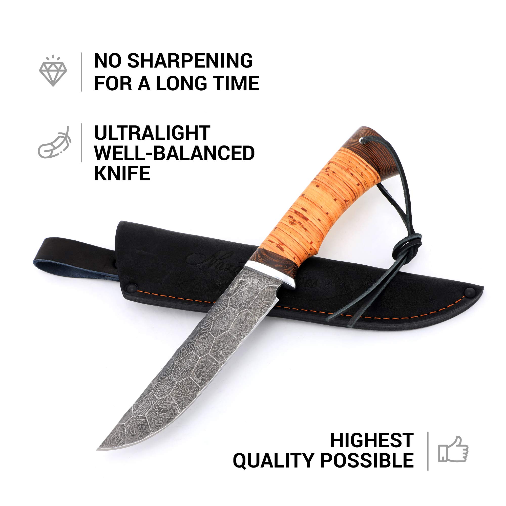 Premium Fixed Blade Hunting Knife - Sharpened OVOD Damascus Steel with Birchbark Handle & Leather Sheath - Outdoor Survival, Camping, Bushcraft Essential Gear