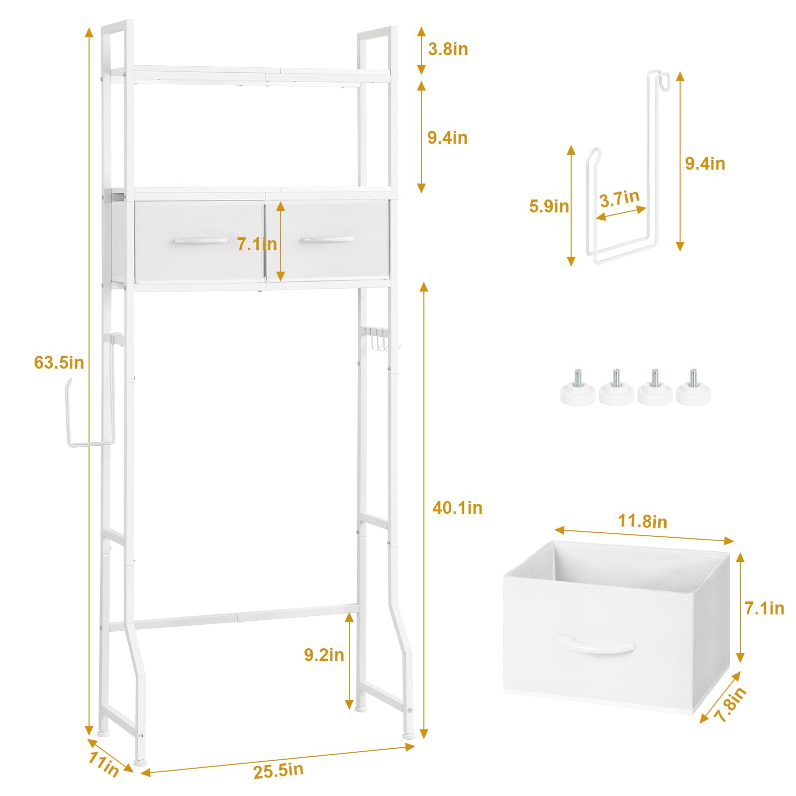 YBING Over The Toilet Storage Cabinet - White Wooden Bathroom Organizer with Drawer, Roll Holder & Hooks | Space-Saving Above Toilet Stand for Small Bathrooms | Perfect for Towel Storage, Toilet Paper Organization & Bathroom Decor
