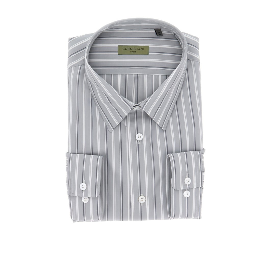 Corneliani Men's Grey Cotton Striped Dress Shirt - Slim Fit Business Casual Shirt for Office, Meetings & Formal Events