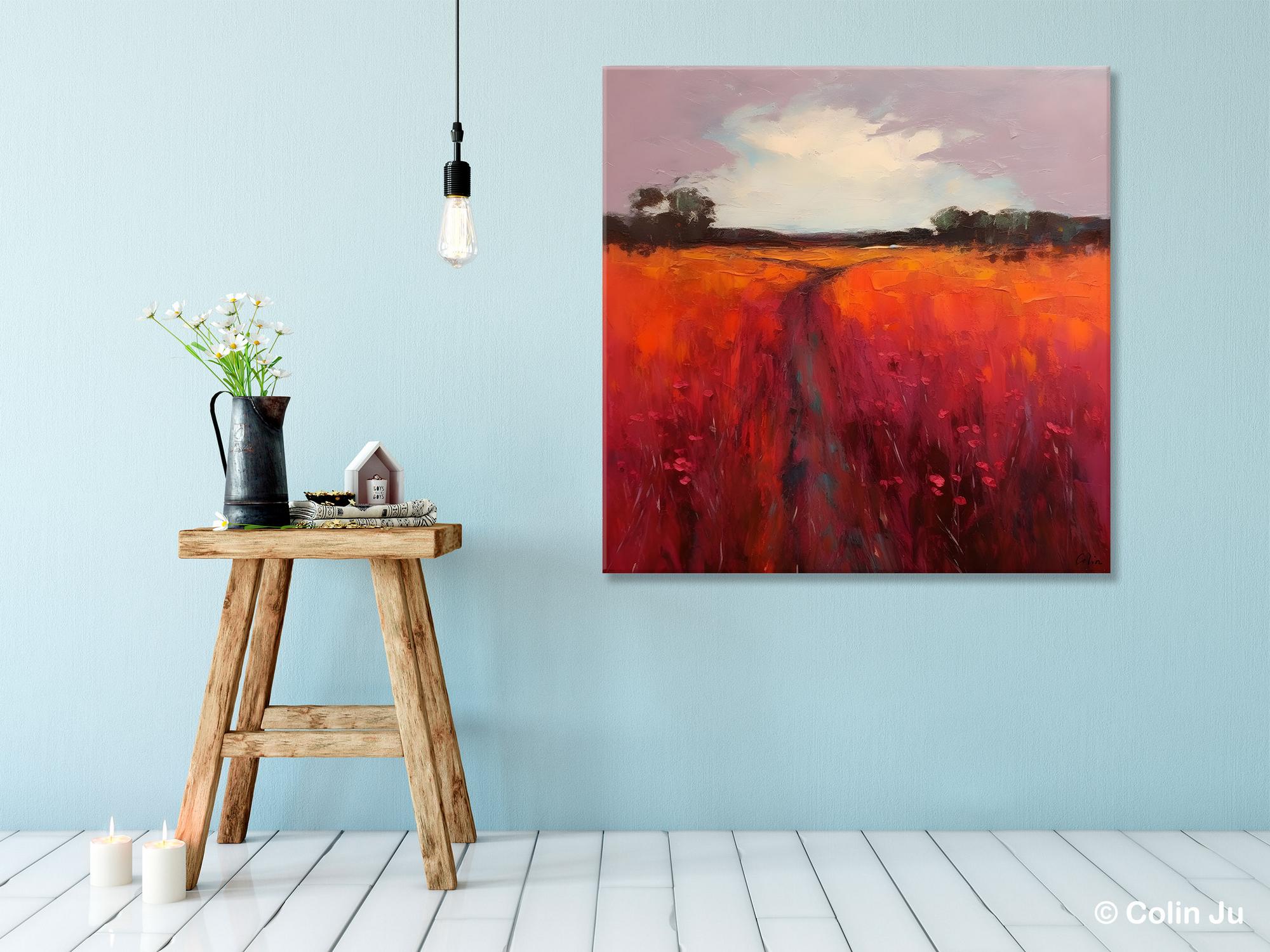 Abstract Landscape Canvas Painting - Red Poppy Flower Field Acrylic Artwork for Living Room Wall Decor | Modern Home & Office Wall Art