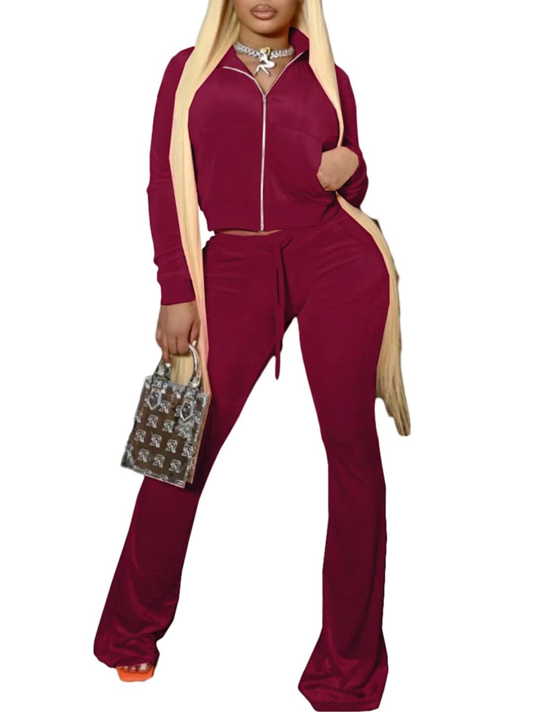 Women's 2-Piece Velour Tracksuit Set - Soft Crop Jacket & Flared Pants for Lounge, Gym, and Streetwear Fashion | Comfortable Outfit for Casual Wear, Workouts & Night Out