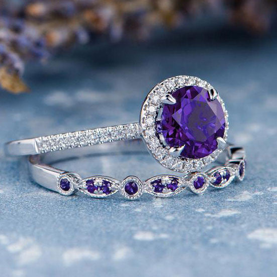 Amethyst Engagement Ring & Wedding Band Set - 14K White Gold with Diamonds, February Birthstone Jewelry Gift for Women, Anniversary, Promise, Valentine's Day - Perfect for Proposals, Weddings & Special Occasions