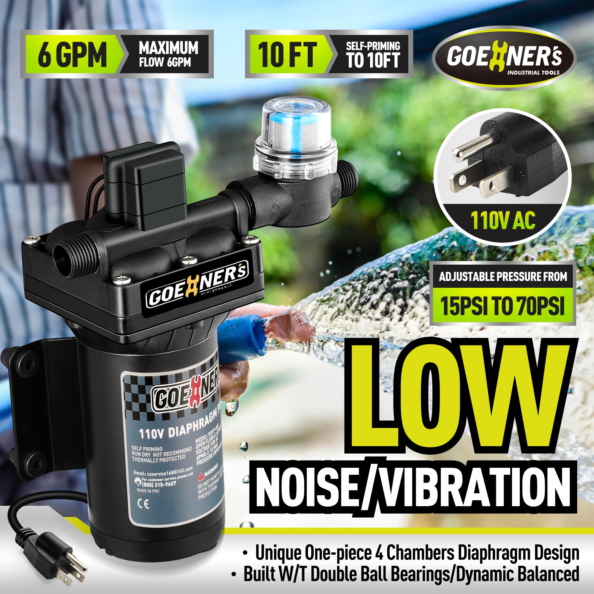 Upgraded 110V AC Fresh Water Pump - 6GPM 70 PSI Self-Priming Diaphragm Pump with Power Plug, Pressure Switch, Brass Connector & Strainer - Ideal for Kitchen Sink, Bathroom Faucet, Garden Hose & RV Water System