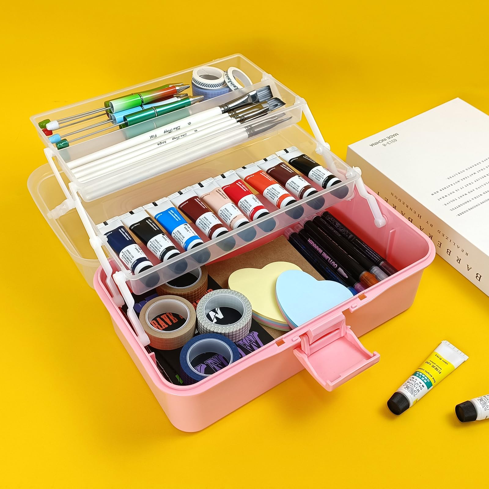 **10-Inch 3-Layer Tackle Box Organizer with 2 Trays - Portable Craft Storage for Sewing, Nail Art, Makeup, Diamond Painting & Building Blocks - Pink Medicine Box with Handle (Perfect for Travel & Home Organization)**