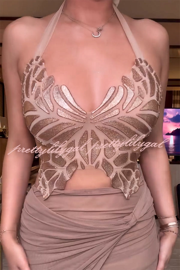 Elegant Gold Metallic Butterfly Back Lace-Up Halter Tank Top for Women | Summer Beach Party, Date Night & Festival Outfit