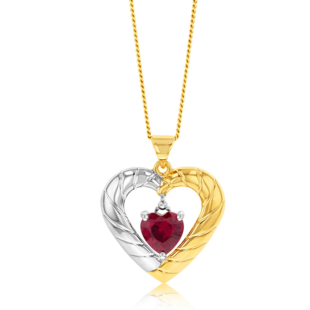 9ct Yellow & White Gold Created Ruby Heart Pendant Necklace - Elegant Jewelry Gift for Women, Perfect for Valentine's Day, Anniversary & Special Occasions
