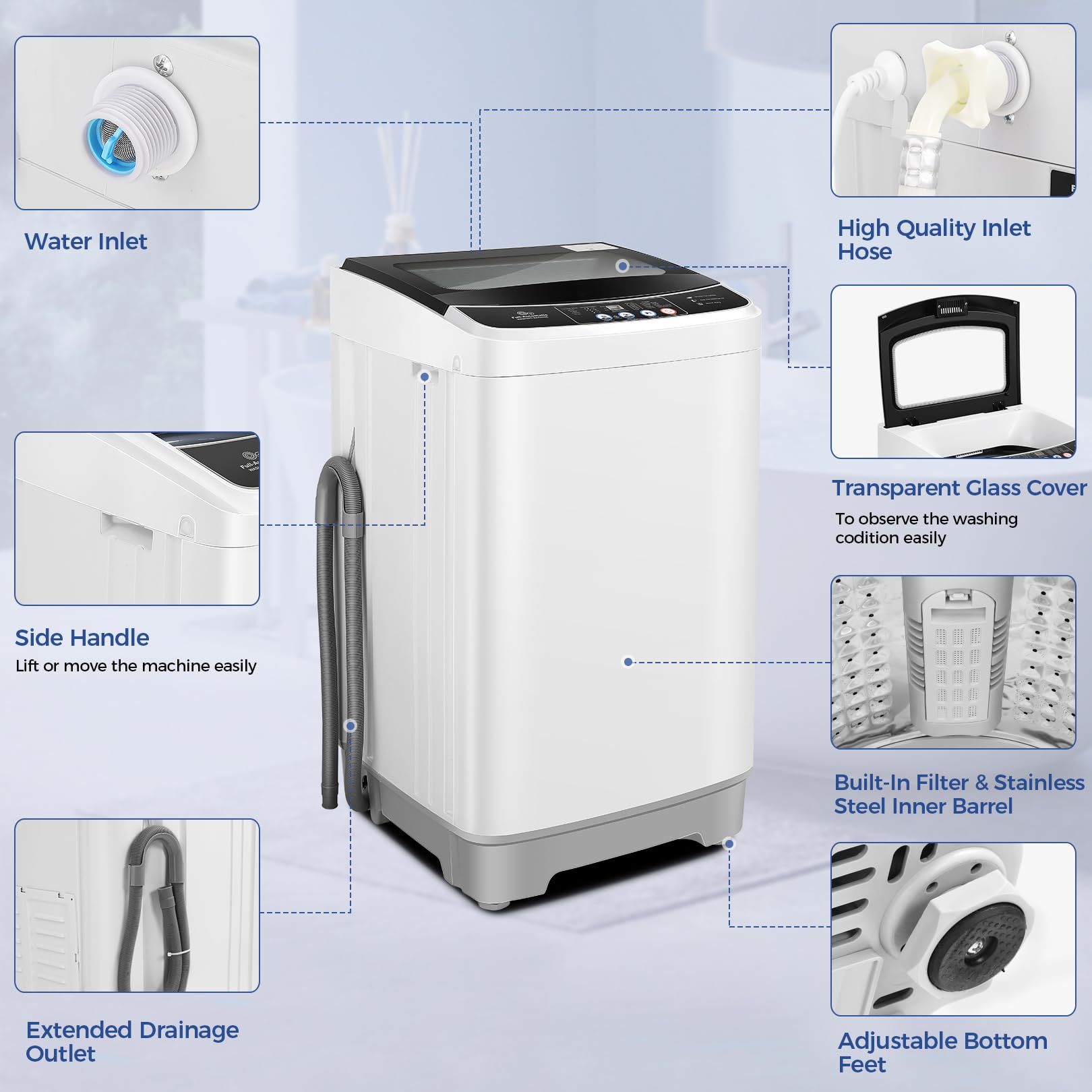 Nictemaw 17.8Lbs Full Automatic Portable Washing Machine - 2.4 Cu.ft Compact Washer with 10 Wash Programs & 8 Water Levels, Glass Lid - Perfect for Apartments, RVs, Dorms, Tiny Homes & Small Spaces - Ideal for Laundry in Compact Living Areas