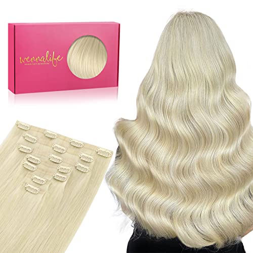 WENNALIFE 16 Inch 130g 7pcs Clip In Human Hair Extensions - Bleach Blonde Remy Hair with Invisible PU Skin Weft for Natural Look | Perfect for Daily Wear, Parties & Special Occasions