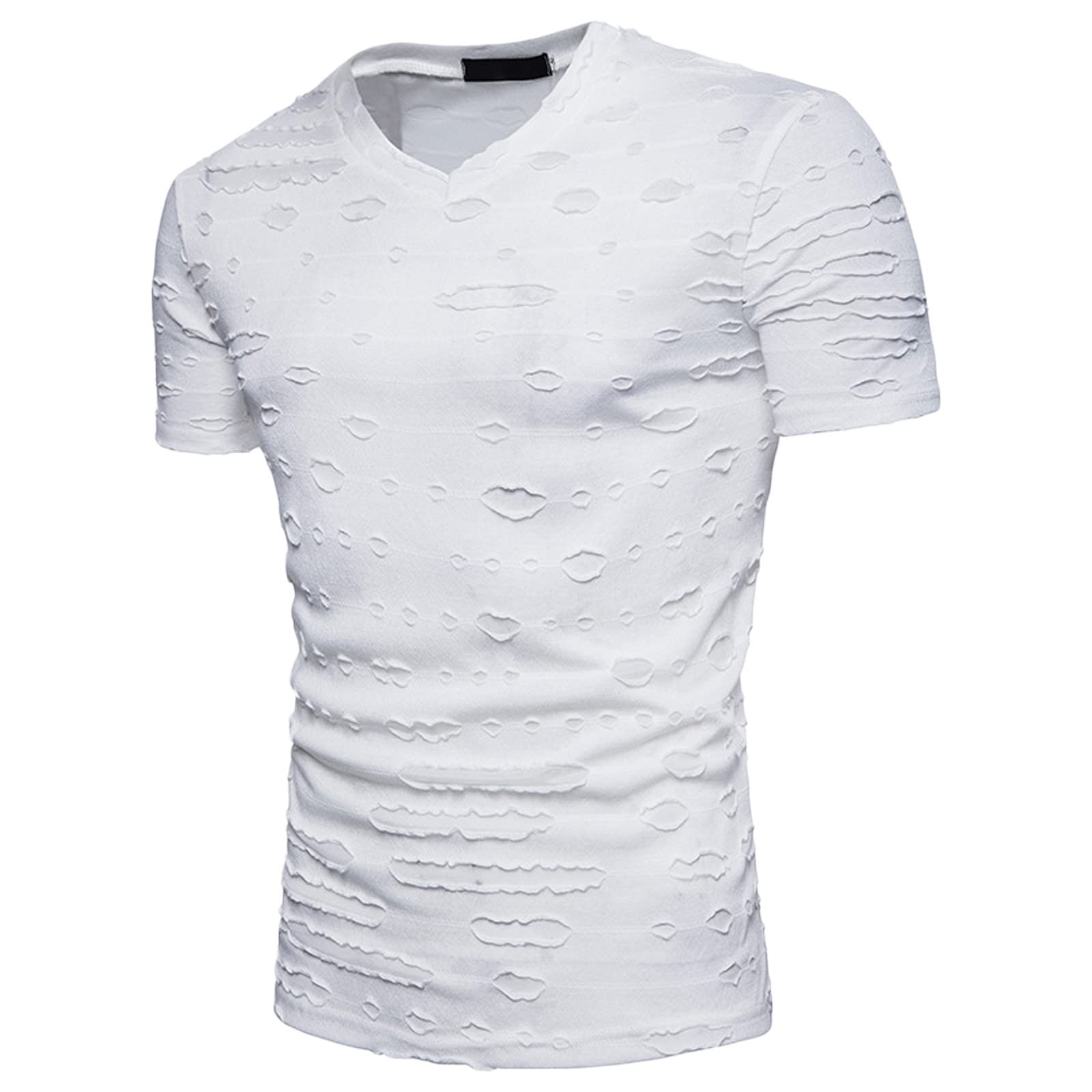 **Men's Casual Short Sleeve V-Neck T-Shirt - Breathable Solid Color Pullover with Break Hole Design - Perfect for Daily Wear, Gym & Outdoor Activities**