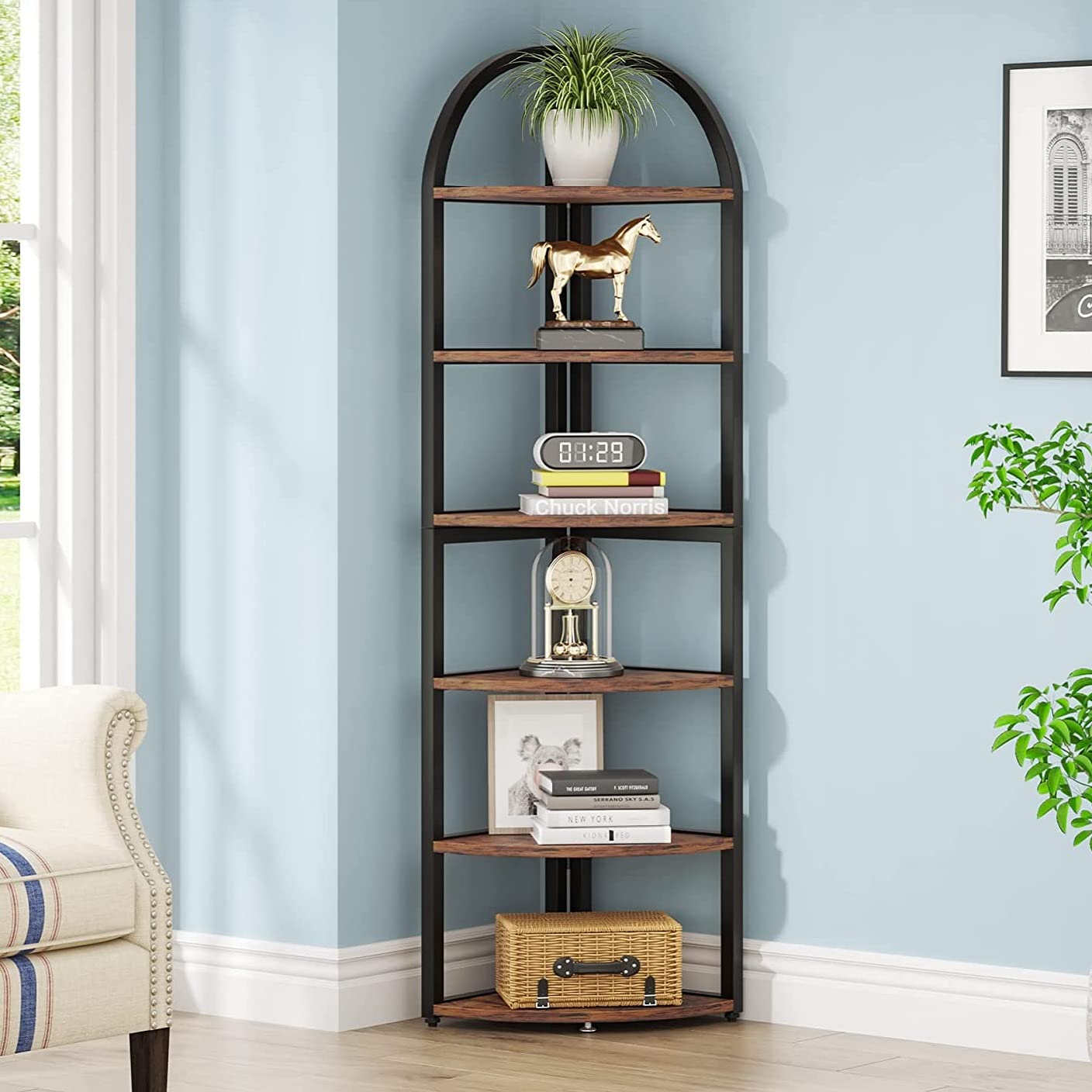 Tribesigns 6-Tier Tall Corner Bookshelf - 71 Inch Rustic Wood Shelf for Small Spaces, Home Office, Living Room & Kitchen - Perfect for Organizing Books, Plants, Decor & Kitchen Supplies