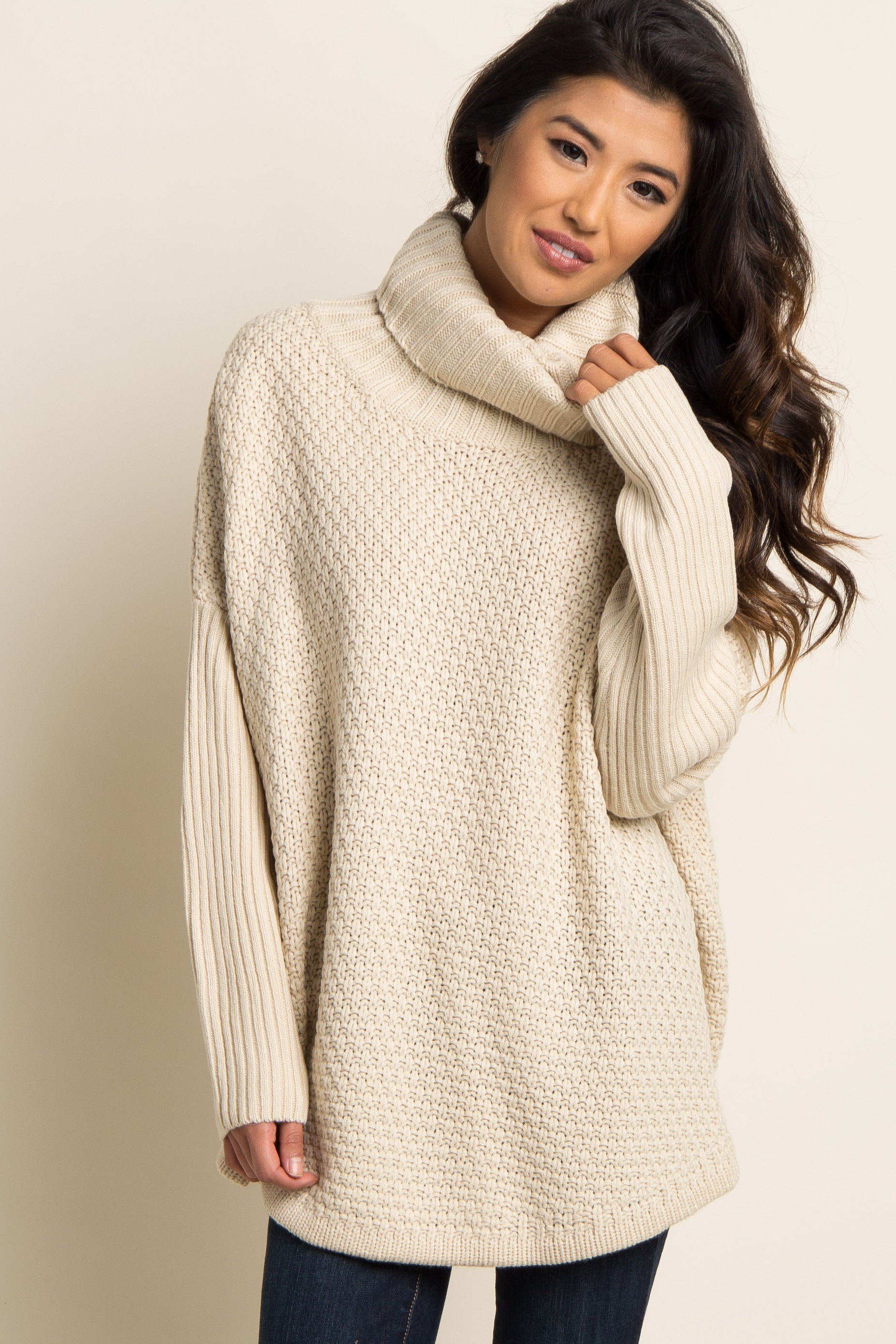 Beige Cowl Neck Knit Sweater for Women - Soft Chunky Cable Knit Pullover Winter Tops - Cozy Casual Outfit for Fall, Winter & Holiday Season