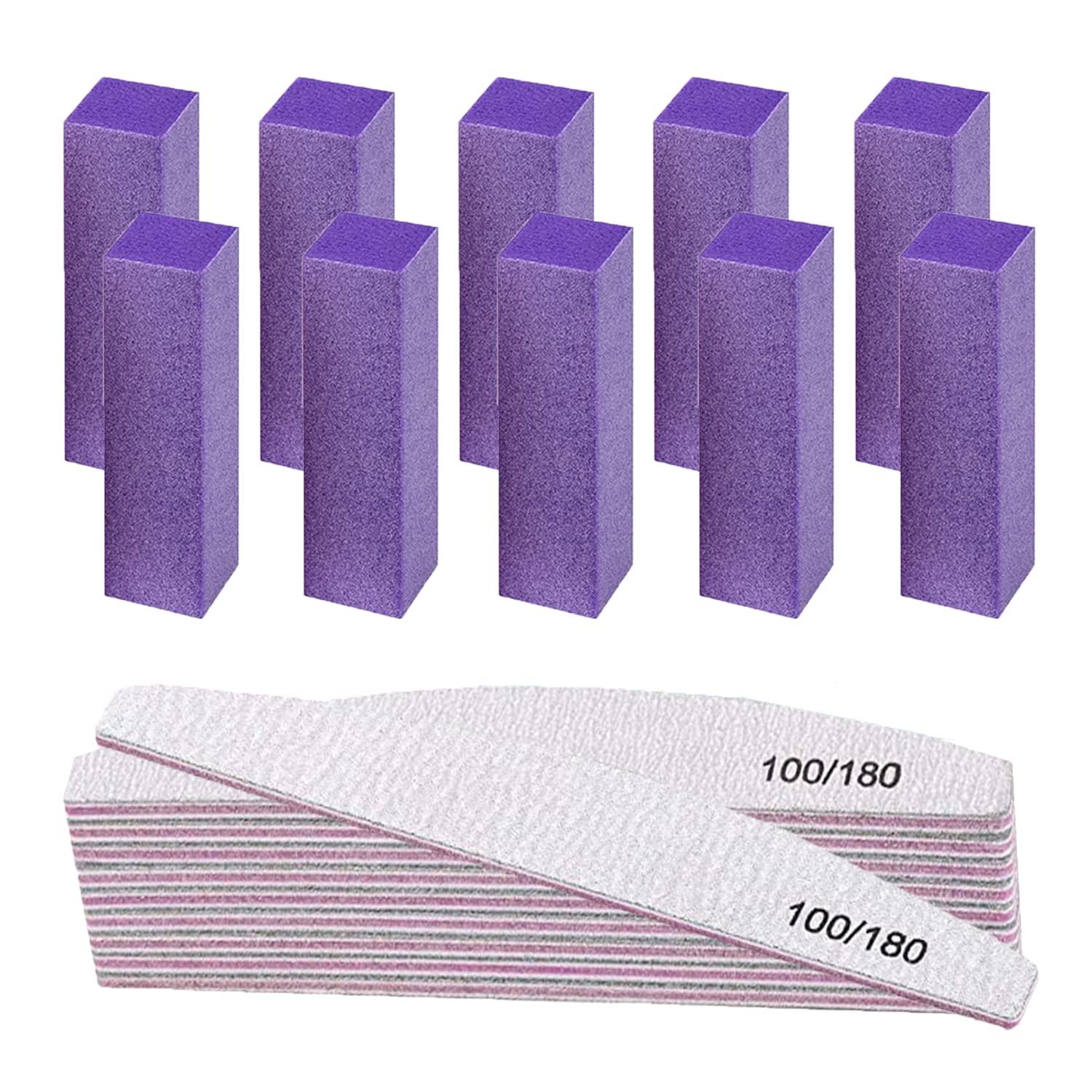 20PCS Professional Nail File Buffer Set - 100/180 Grit Nail Files & 4-Side 120 Grit Sanding Buffer Blocks for Gel, Acrylic & Natural Nails - Manicure & Pedicure Tools for Salon & Home Use (Purple)