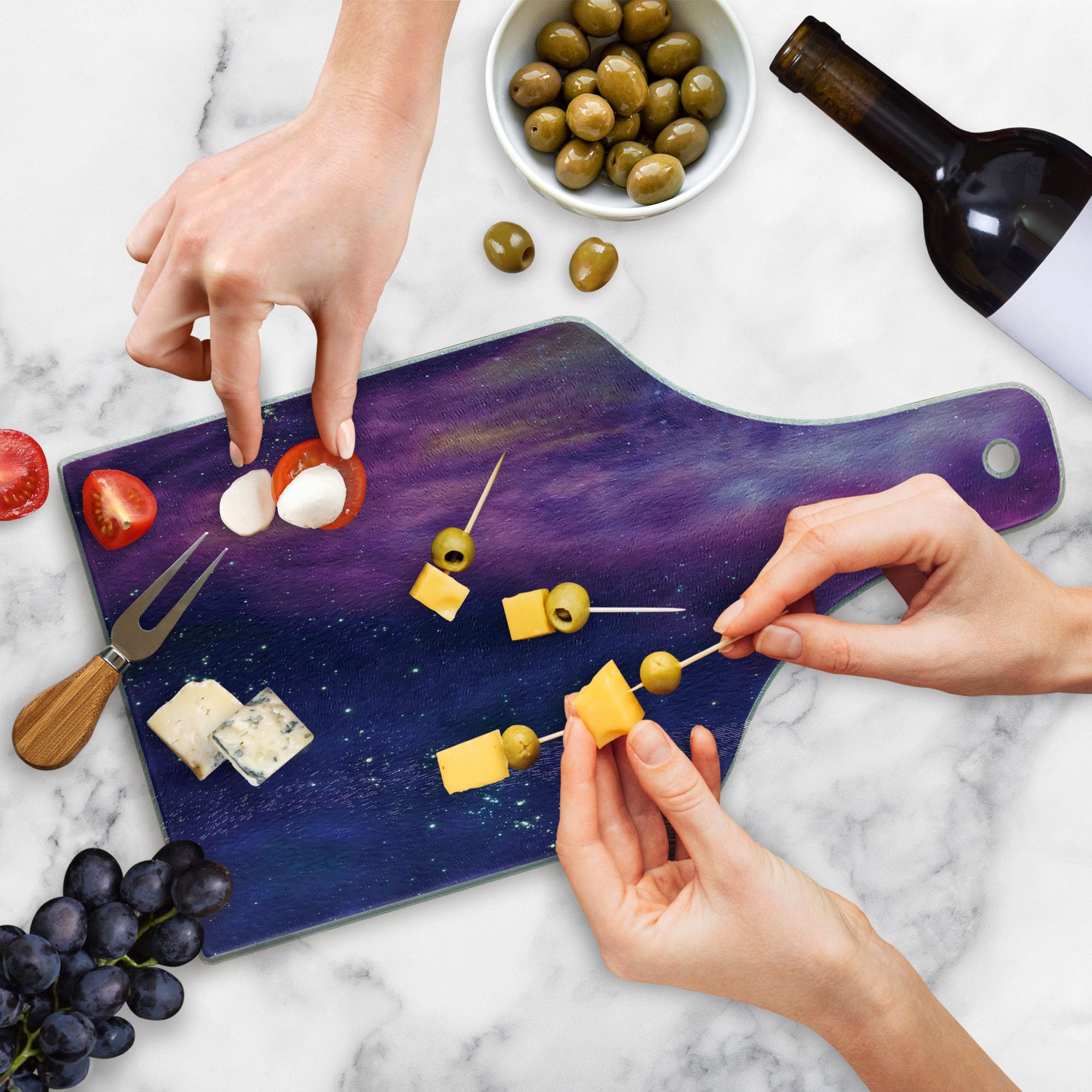 Ambesonne Outer Space Themed Tempered Glass Cutting Board - Milky Way & Star Clusters Design, Wine Bottle Shape in Purple Blue - Perfect for Kitchen Prep, Charcuterie Serving & Home Decor