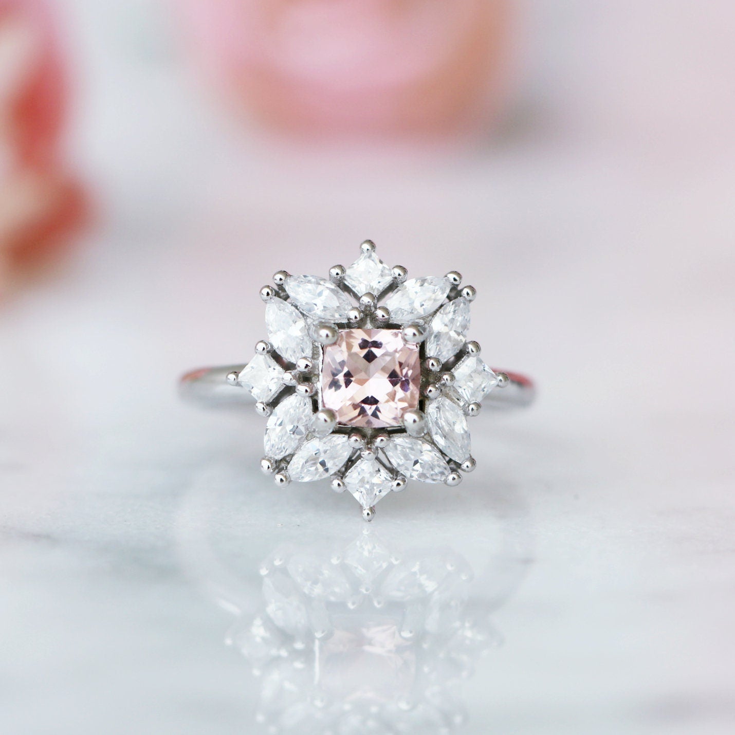 Magnolia Morganite Ring - Sterling Silver Rose Gold Plated, Dainty Floral Engagement Ring for Women, Perfect for Wedding, Anniversary & Valentine's Day Gifts